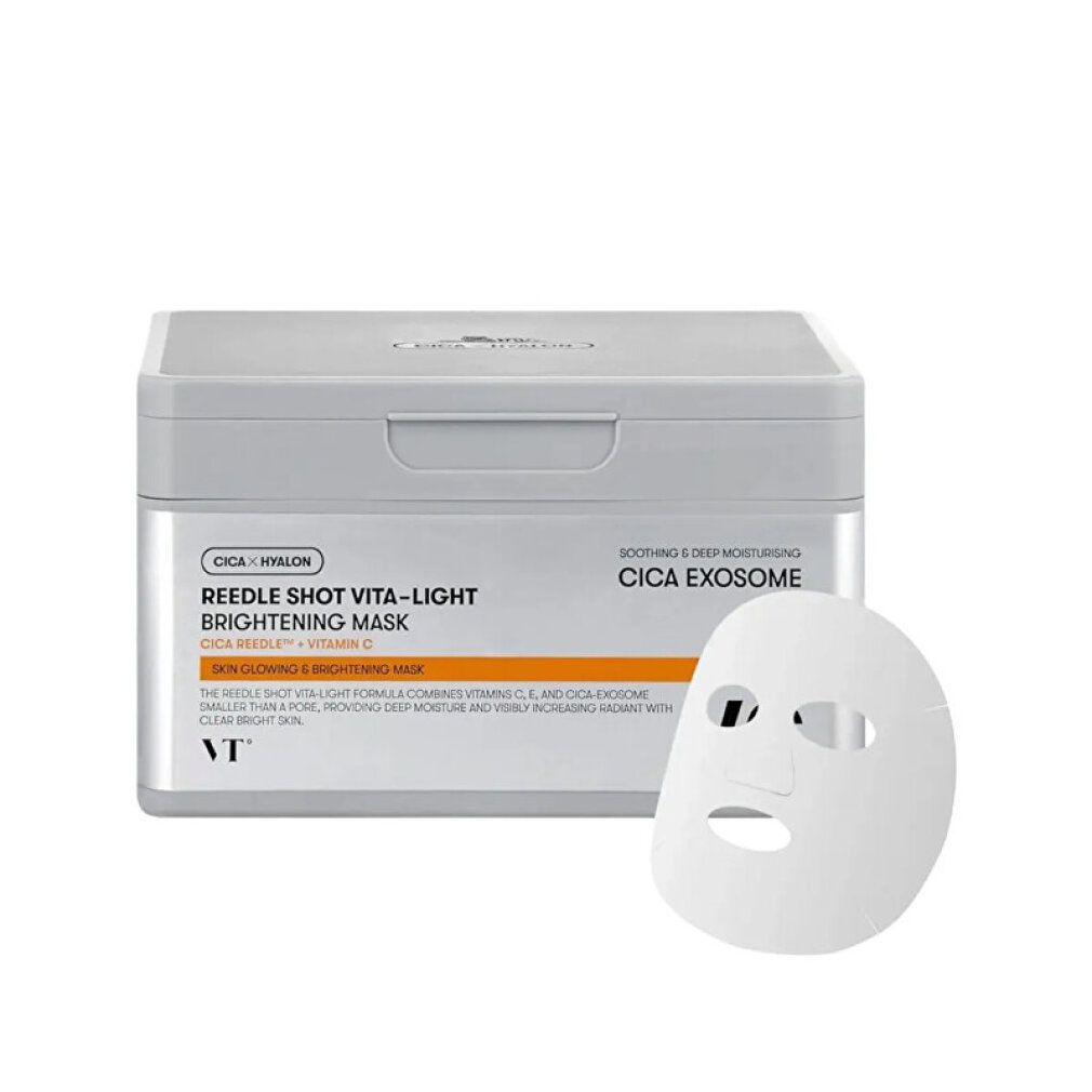 Scatola grigia con maschera per il viso. Scritta: Reedle Shot Vita-Light Brightening Mask. Marchio: VT. Maschera per il viso accanto.