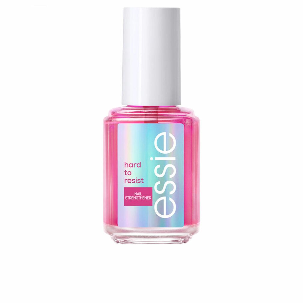 Flacone rosa di rinforzante per unghie con tappo bianco. Etichetta con "essie", "hard to resist" e "Nail Strenghtener".