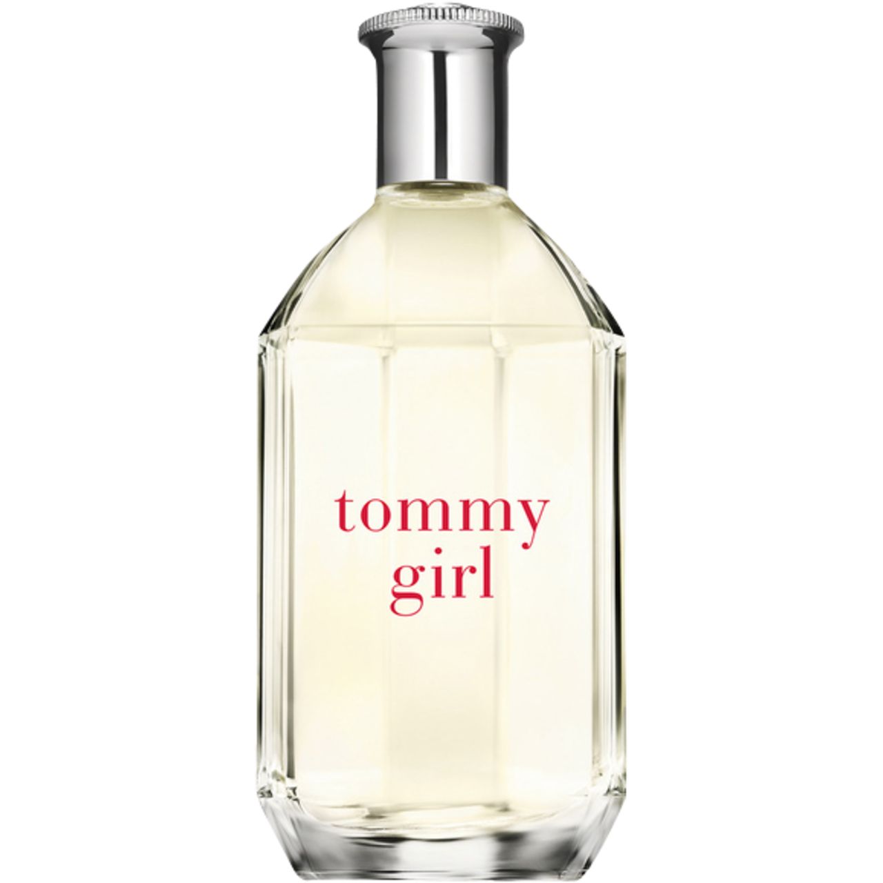 Flacone in vetro con tappo argentato. Scritta "tommy girl" in rosa. Contenuto trasparente. Forma squadrata.