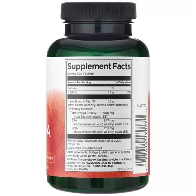 Retro del flacone. Informazioni nutrizionali. Contiene: olio di pesce, EPA, DHA. Prodotto in Canada.
