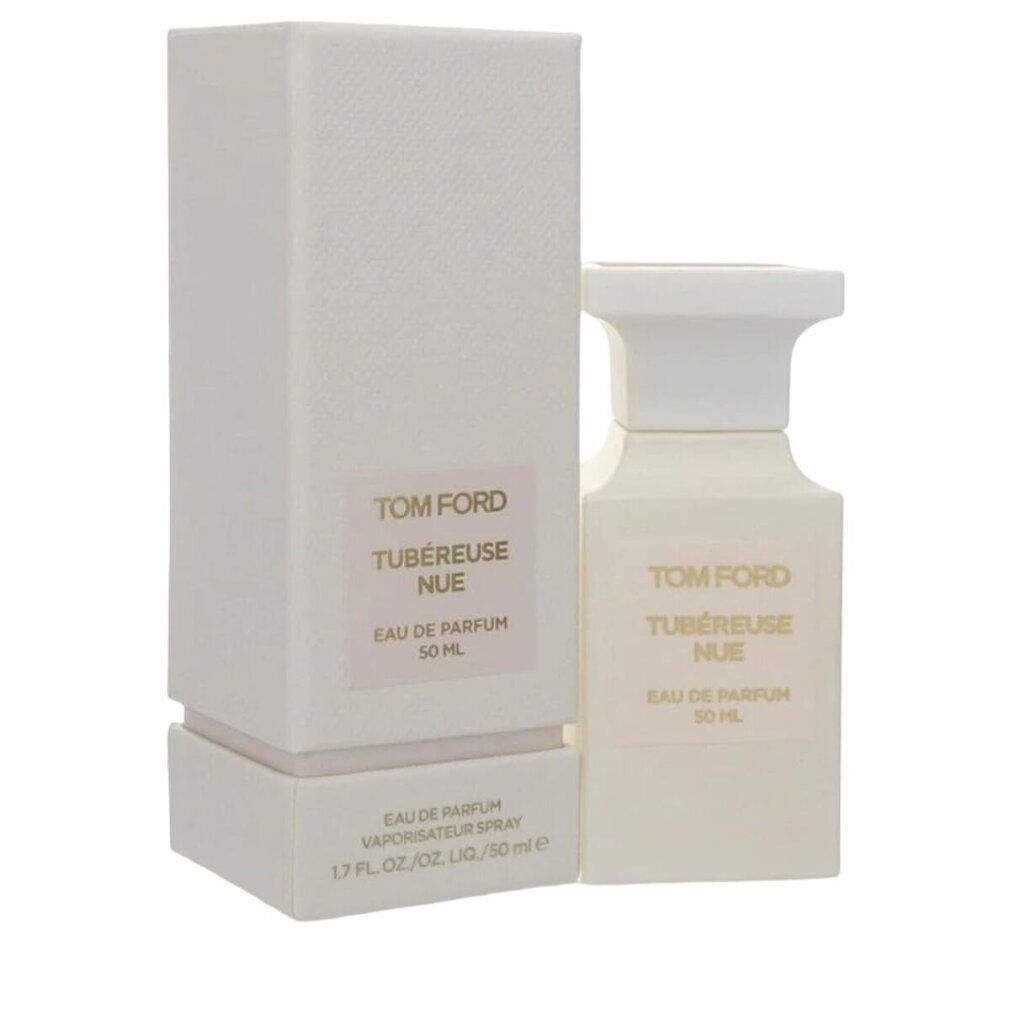 Flacone e confezione bianchi. Scritta: TOM FORD TUBÉREUSE NUE Eau de Parfum 50 ml. Flacone accanto alla scatola aperta.