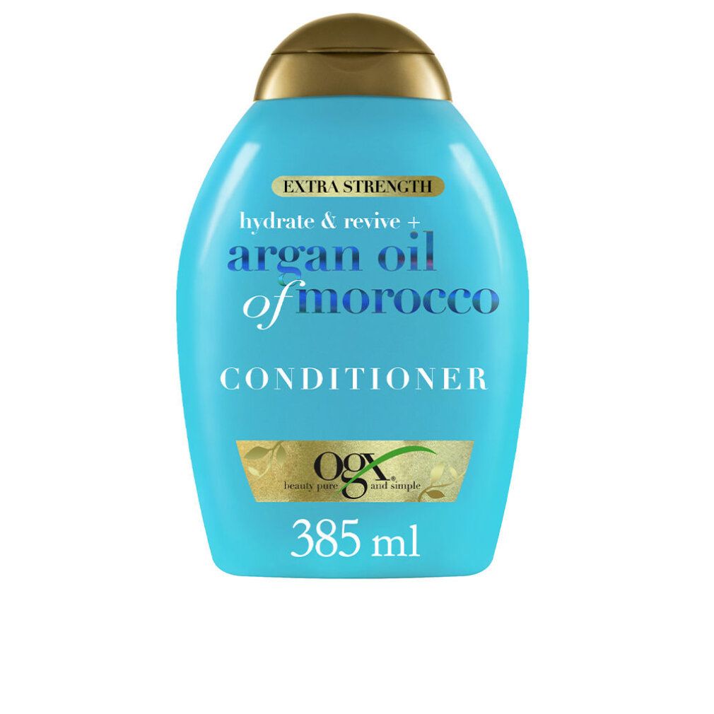 Flacone turchese con tappo dorato. Scritta: "Extra Strength", "Argan Oil of Morocco Conditioner". Testo: "385 ml".
