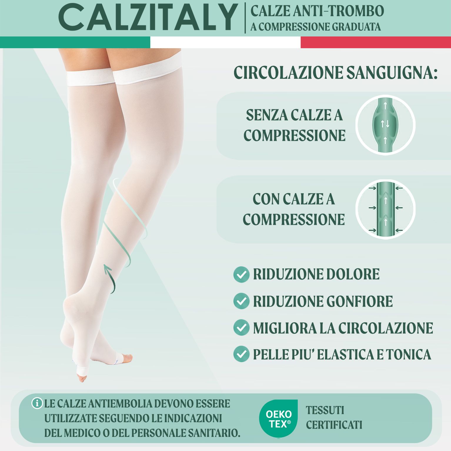CALZITALY Autoreggenti Anti-trombo a Punta Aperta e Compressione Forte, Calza Medicale Made in Italy