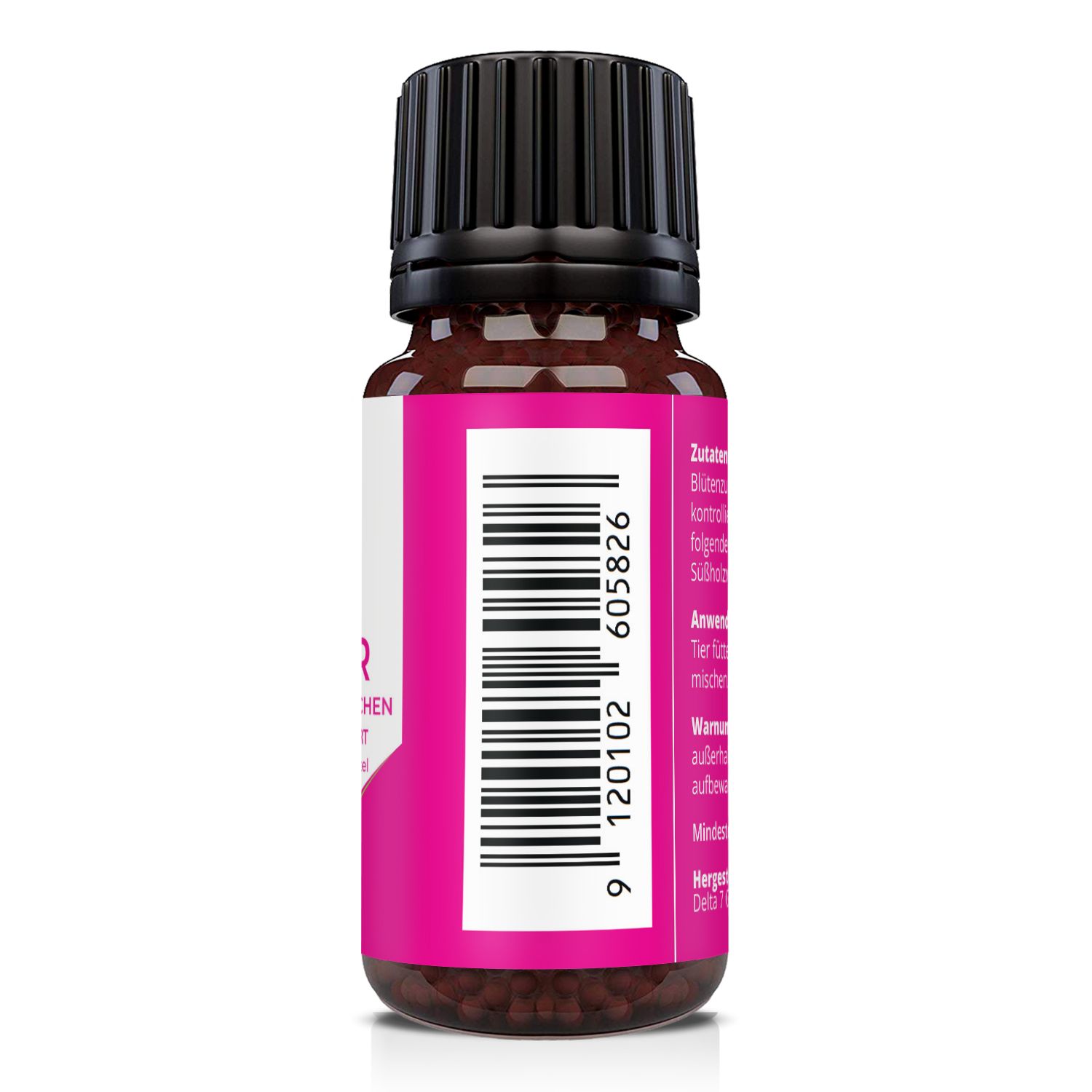 Retro del flacone marrone con tappo nero. Etichetta con codice a barre e testo: L&S Nutrition, THE BURNER, Bachblüten Kügelchen.