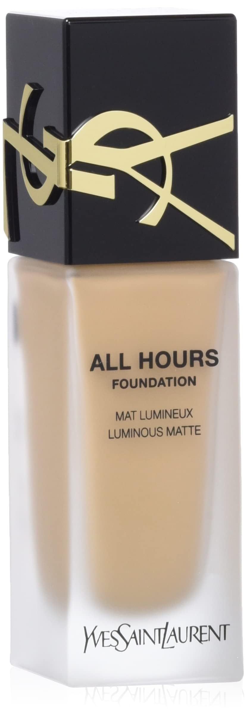 Yves Saint Laurent All Hours Foundation. Flacone con tappo nero. Scritta: ALL HOURS, MAT LUMINEUX, LUMINOUS MATTE.