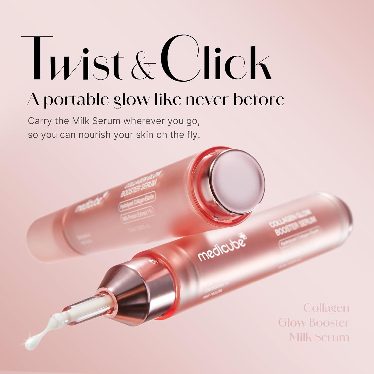 Due flaconi di siero rosa con applicatore. Testo: Twist & Click, A portable glow like never before.