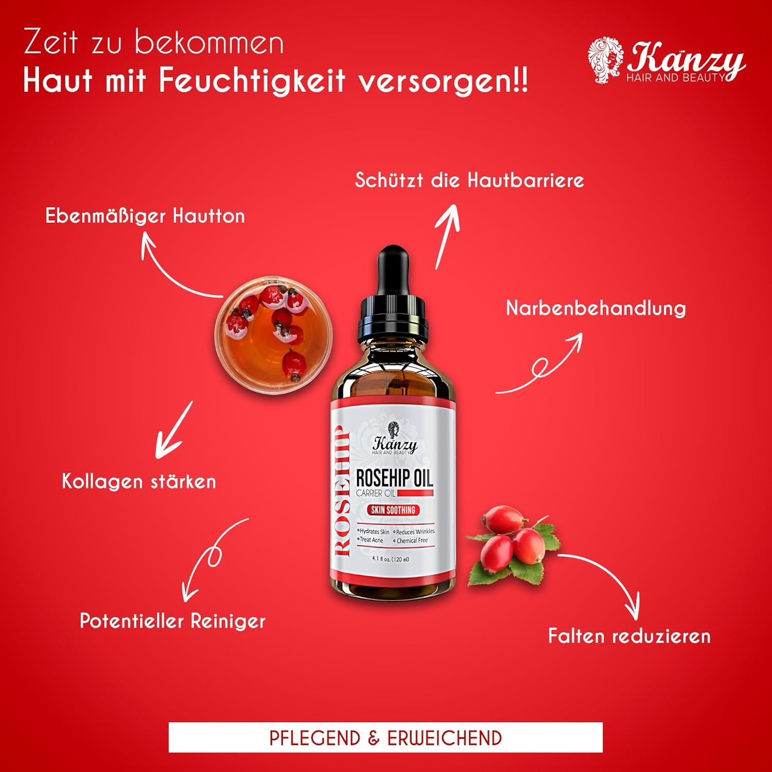 Flacone di vetro marrone con pipetta. Scritta: Rosehip Oil. Frecce verso i benefici: barriera cutanea, cicatrici, rughe, collagene, detergente.