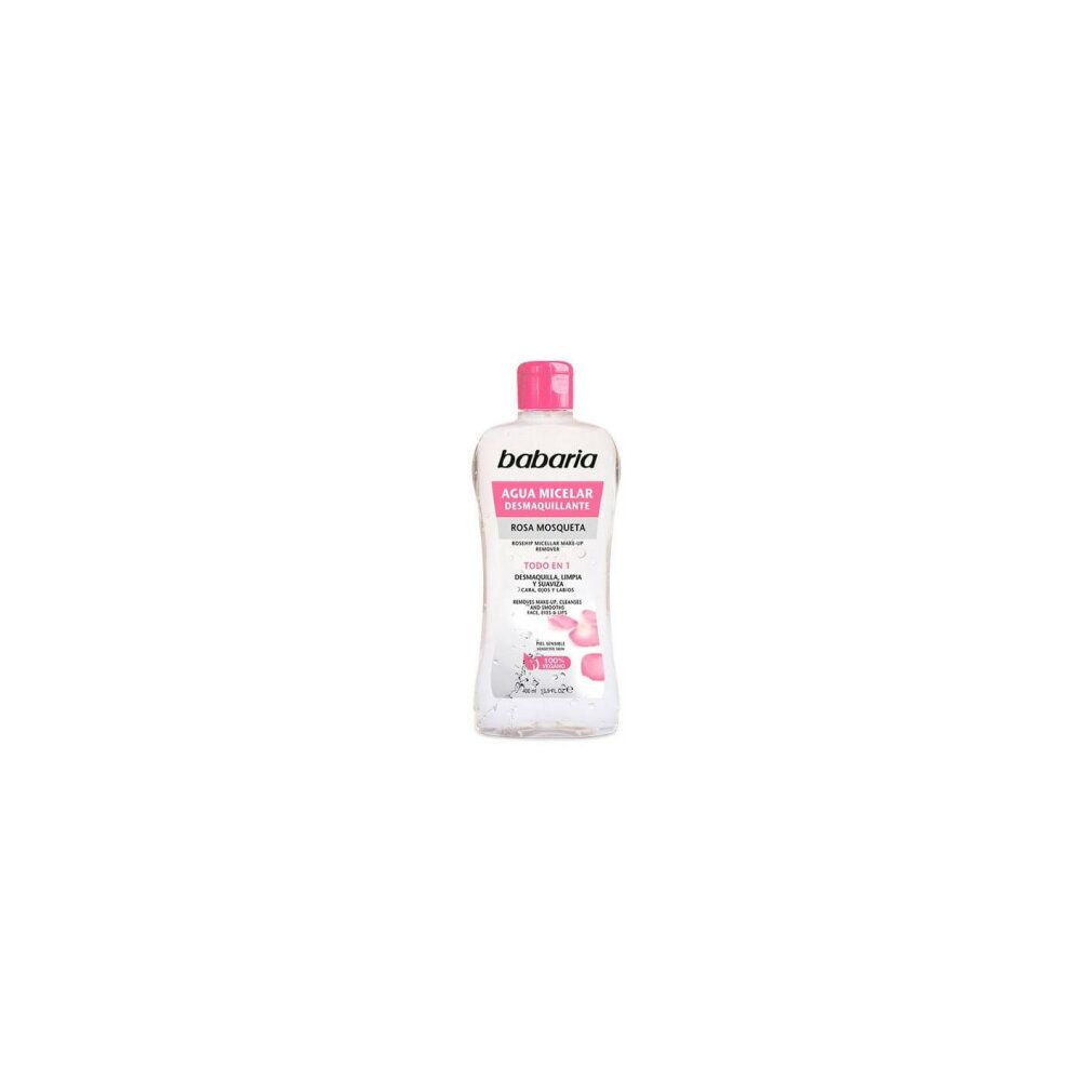 Flacone Babaria Agua Micelar Desmaquillante, tappo rosa. Scritta: Rosa Mosqueta.