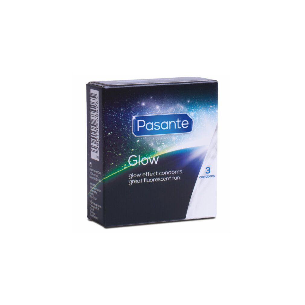Scatola nera Pasante Glow, contiene 3 preservativi. Testo: glow effect condoms, great fluorescent fun.