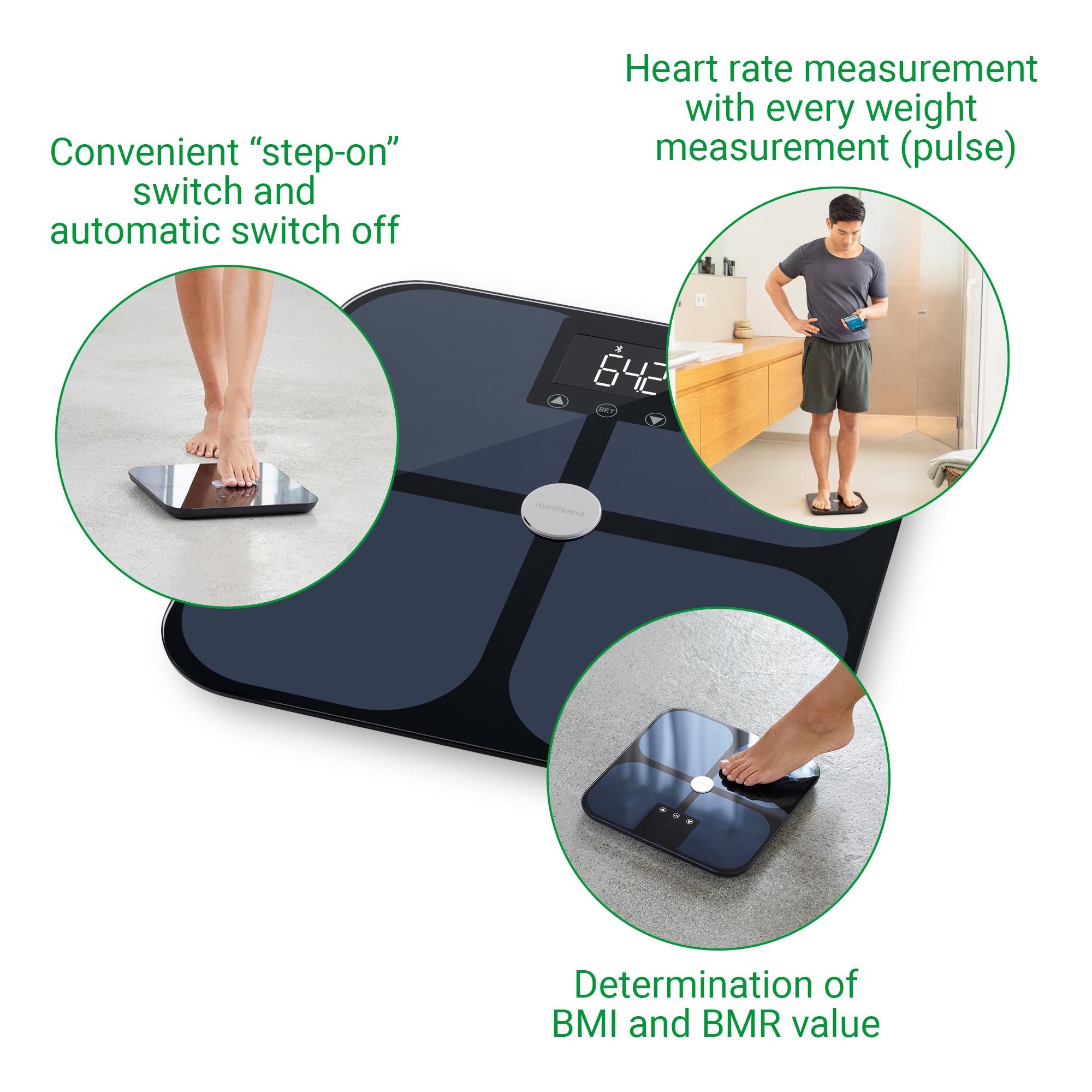 Bilancia per l'analisi corporea con illustrazioni: BMI, persone, Wi-Fi, frequenza cardiaca. Diversi scenari di utilizzo.