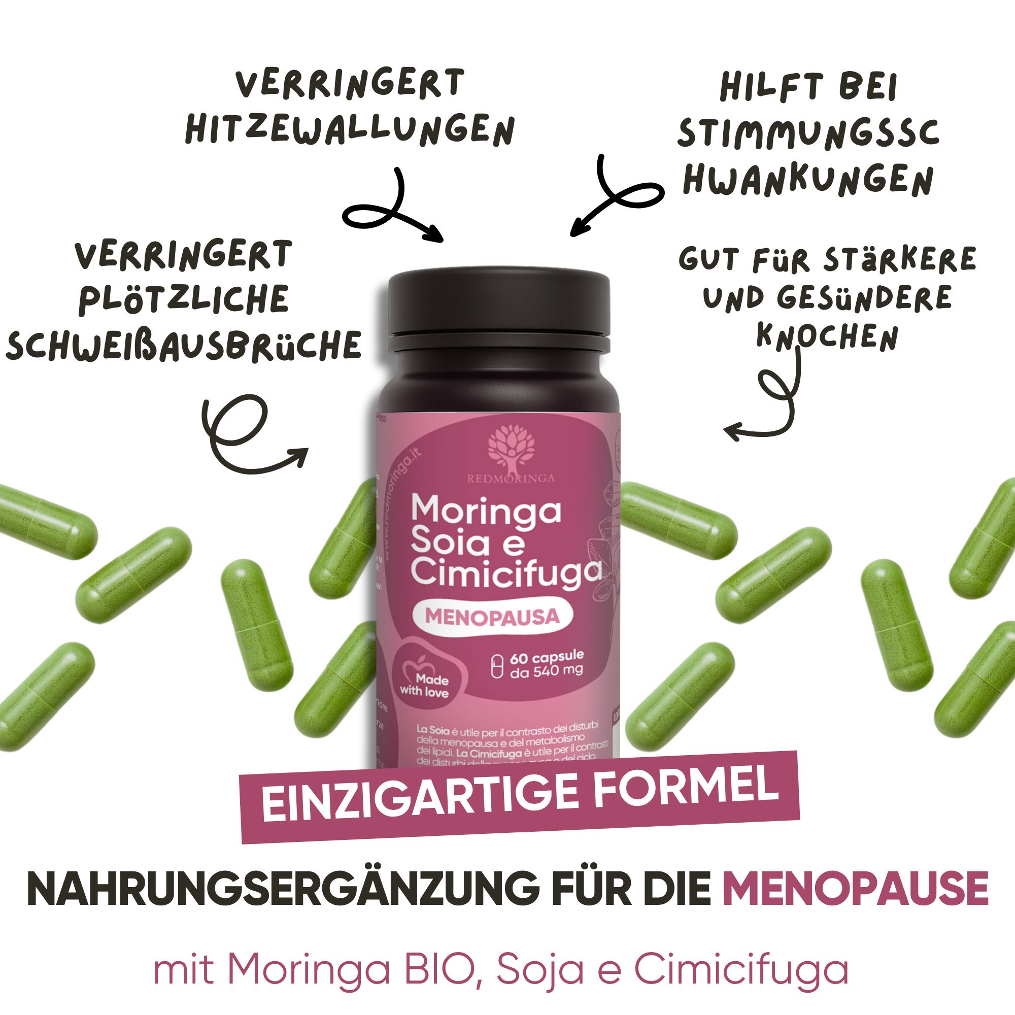 Flacone con capsule verdi. Testo: Integratore per la menopausa con Moringa, Soia e Cimicifuga.