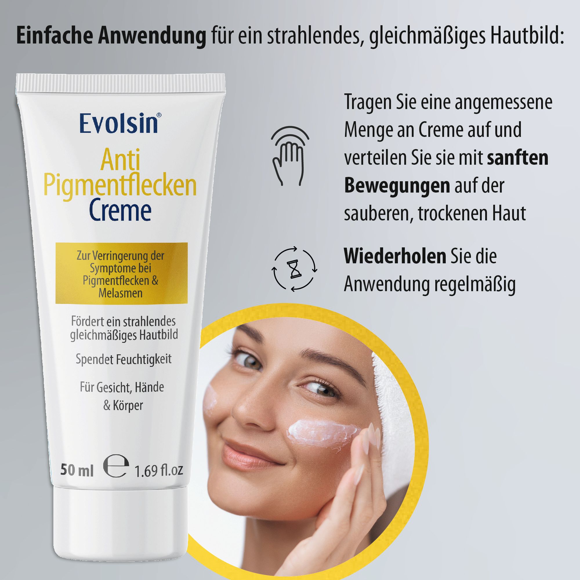 Tubo di crema. Testo: EVOLSIN® Crema anti-macchie. Istruzioni per l'uso. Donna applica la crema.
