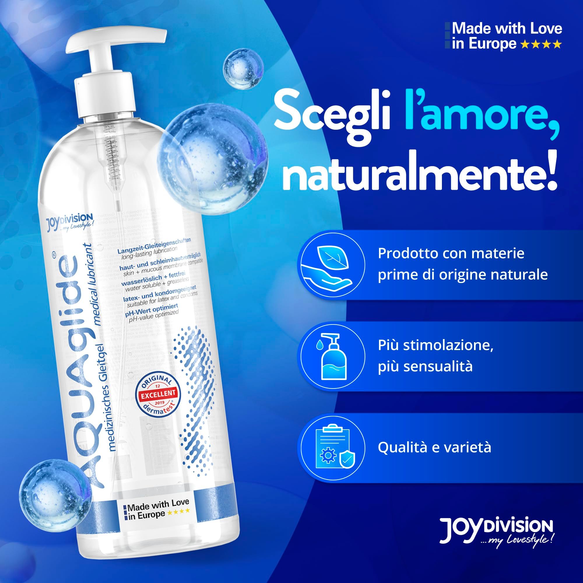 Flacone di gel lubrificante AQUAGLIDE con dispenser a pompa, 1000ml, con effetti d'acqua.