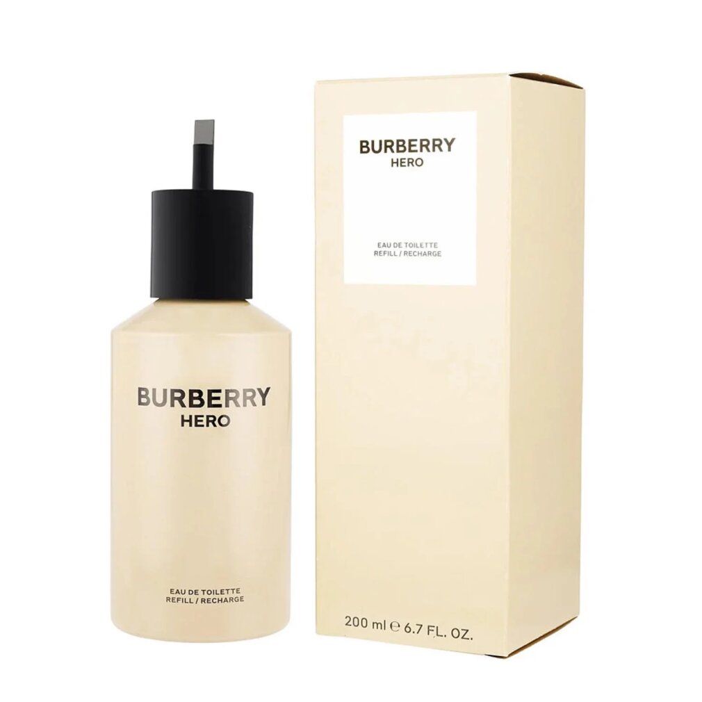 Flacone e confezione beige. Scritta: BURBERRY HERO Eau de Toilette Ricaricabile. 200 ml.