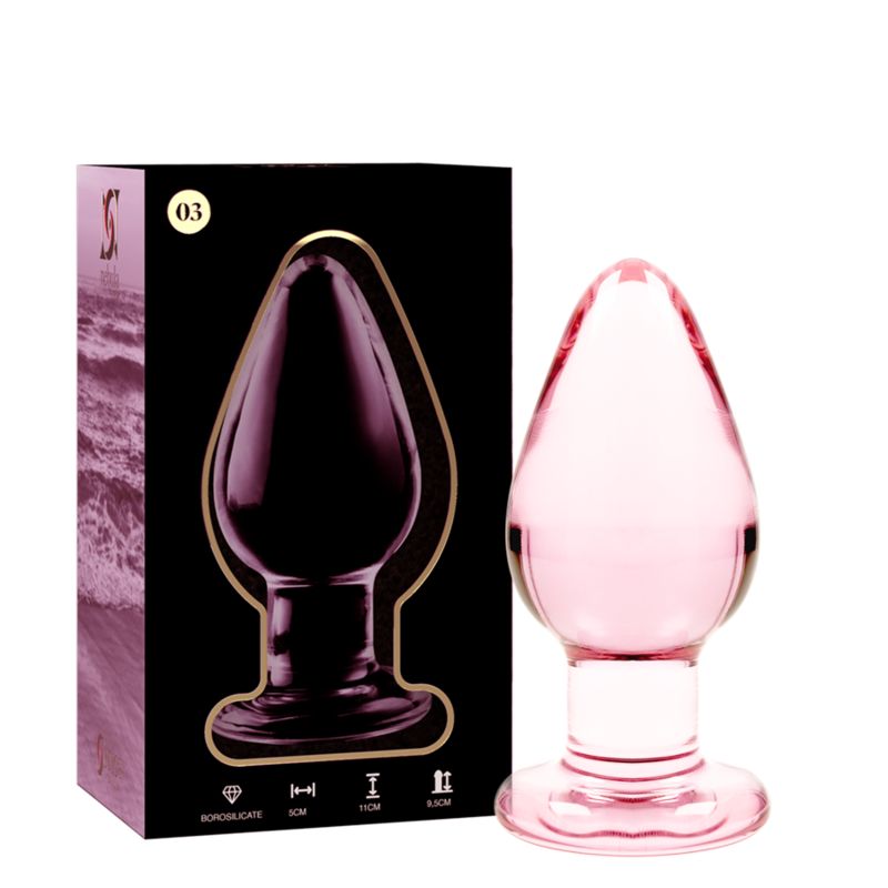 Confezione e plug anale in vetro rosa. Il plug è lungo 11 cm, largo 5 cm.