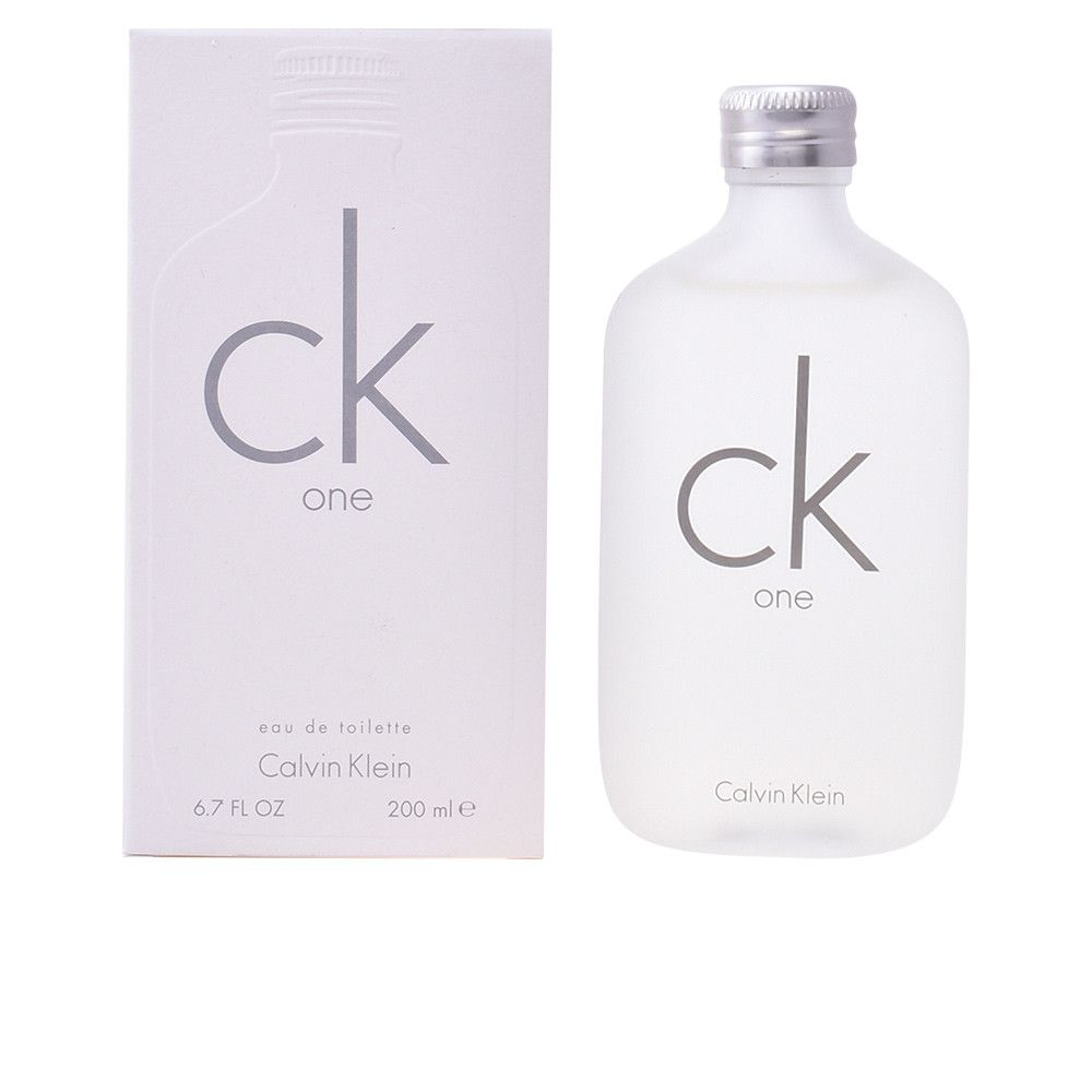 Scatola e flacone bianchi. Scritta: ck one, eau de toilette, Calvin Klein. Flacone con tappo argentato.