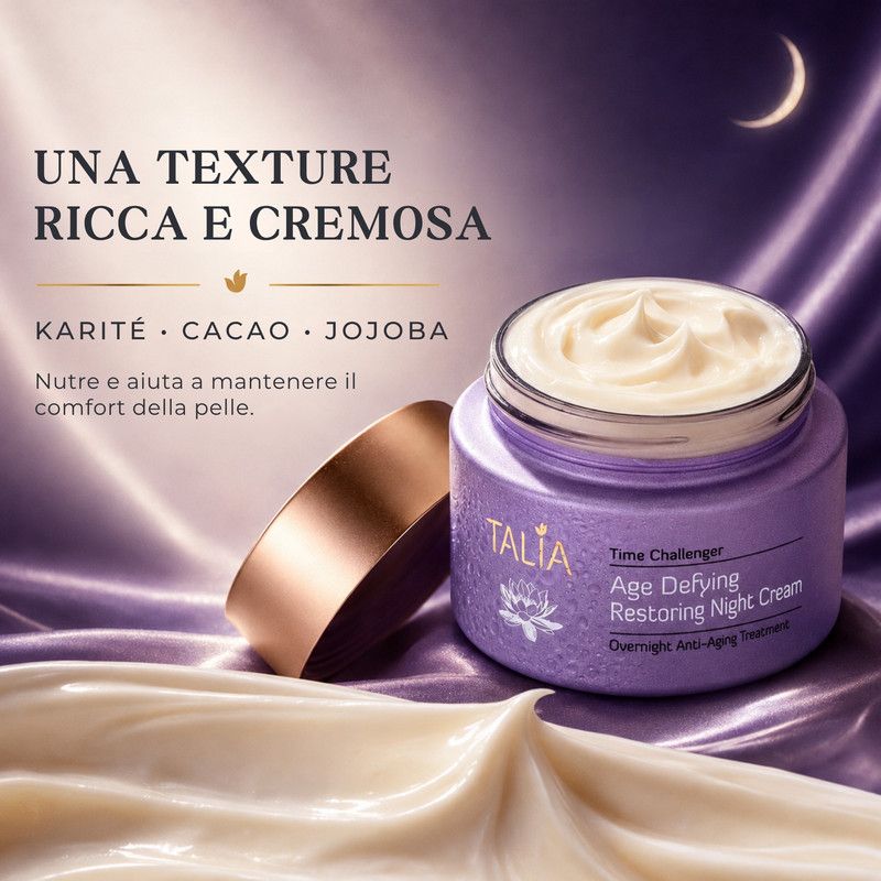 Crema notte restauratrice Age Defying di Talia in vaso viola con tappo dorato. Crema ricca con karité, jojoba e cacao.