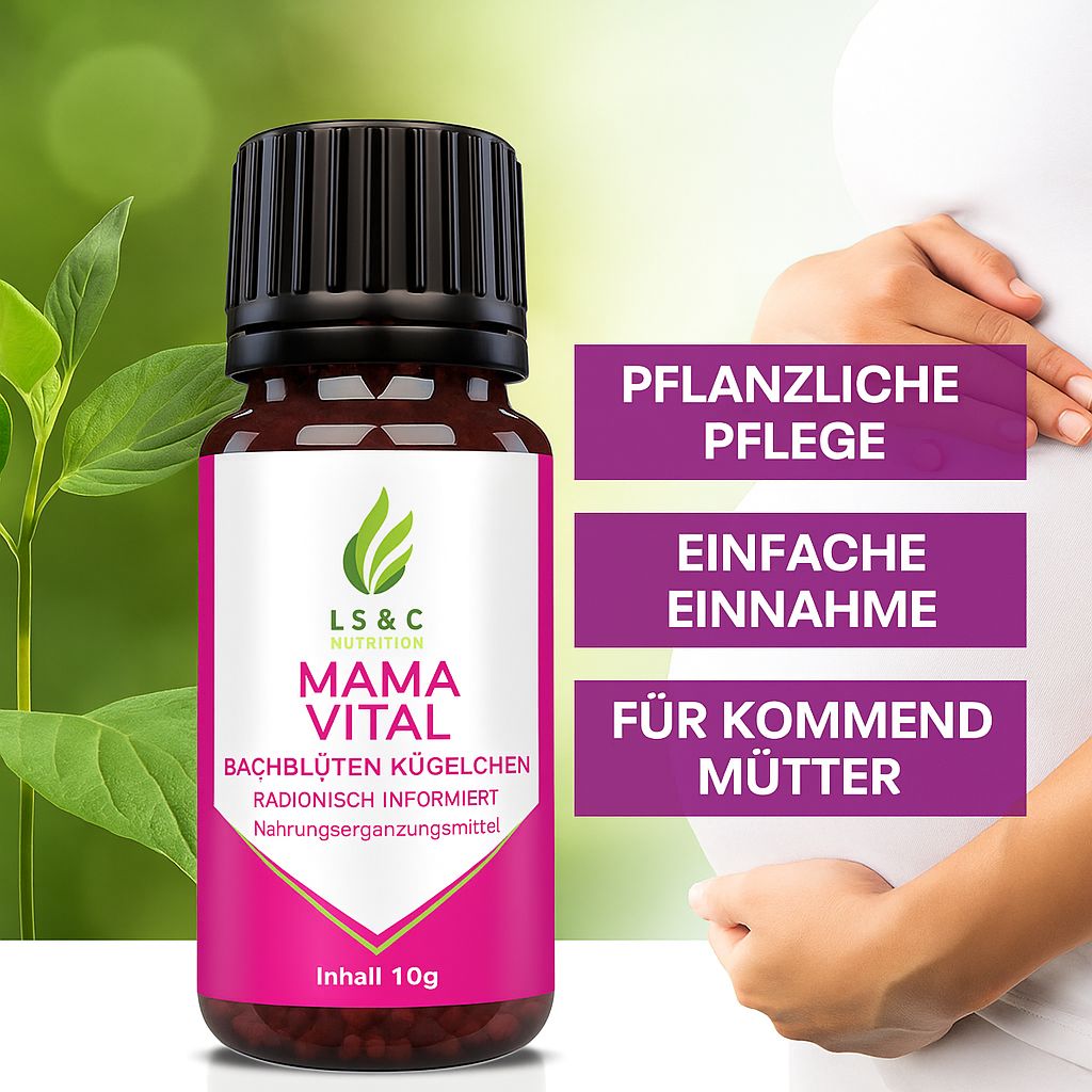 Flacone di vetro marrone con tappo nero ed etichetta rosa. Scritta: Mama Vital, globuli ai fiori di Bach, integratore alimentare. Contenuto 10g. Testo: Cura vegetale, Assunzione facile, Per future mamme.