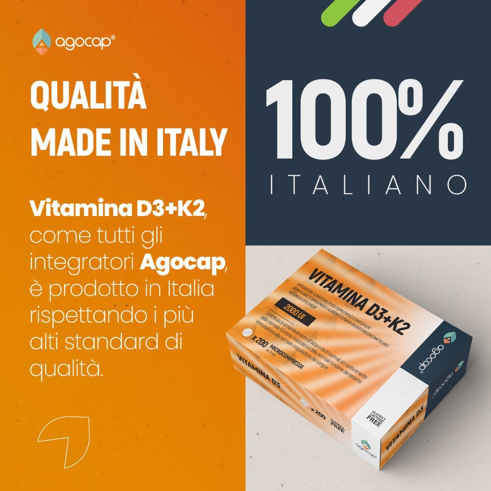 Confezione di Vitamina D3+K2. Testo: Qualità Made in Italy, 100% Italiano. Agocap, Integratori prodotti in Italia.