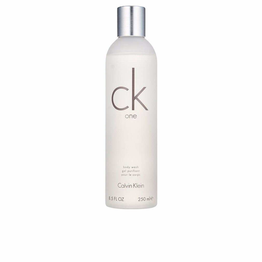 Flacone di bagnoschiuma con tappo argentato. Scritta "ck one" e "Calvin Klein". 250ml.