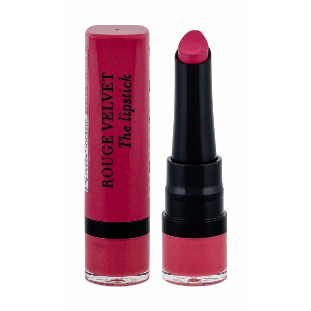 Rossetto con cappuccio aperto. Rossetto rosa e astuccio rosa con testo bianco. Marchio: Bourjois Rouge Velvet The lipstick.