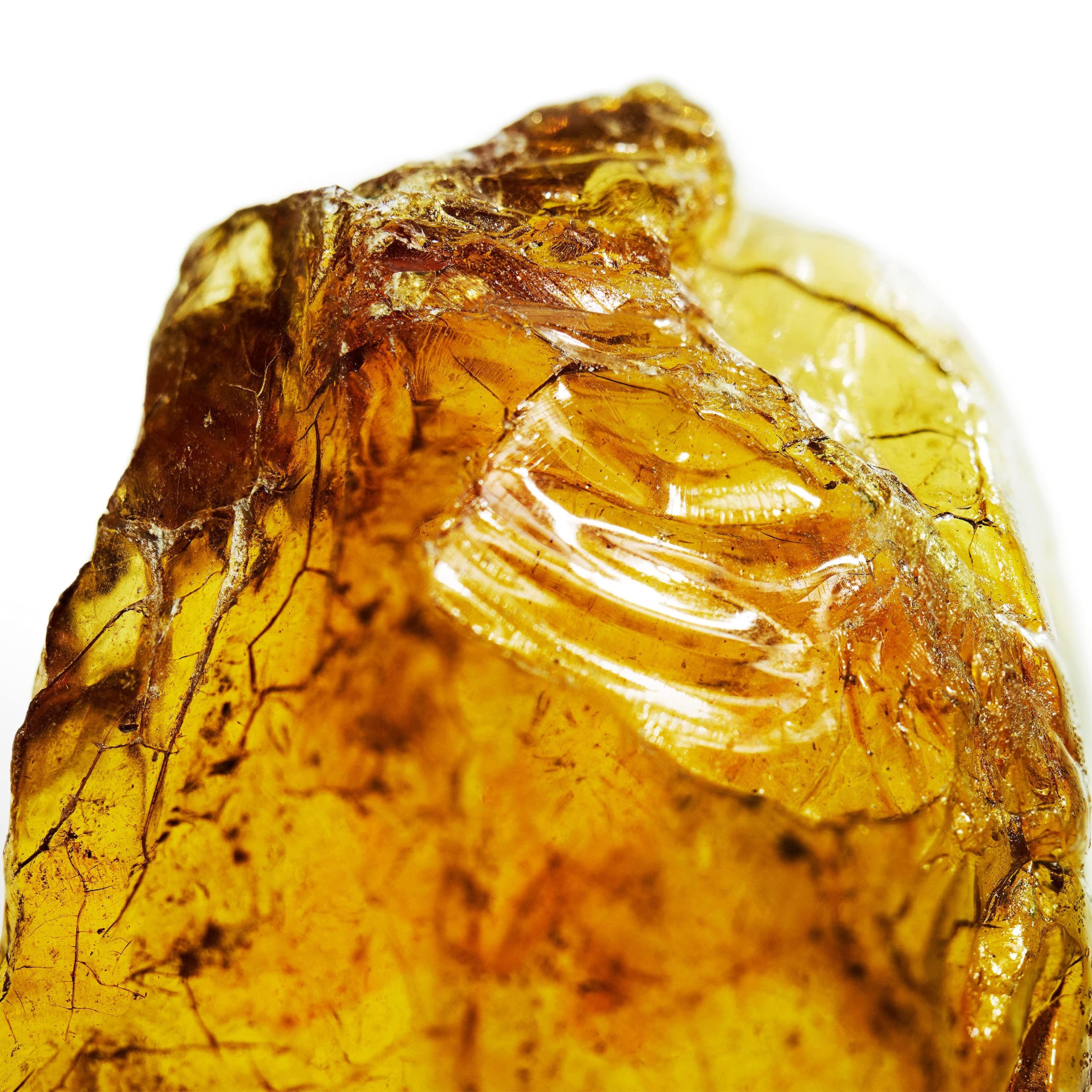 Primo piano dell'ambra. Colore giallo-marrone, struttura trasparente, forma irregolare.