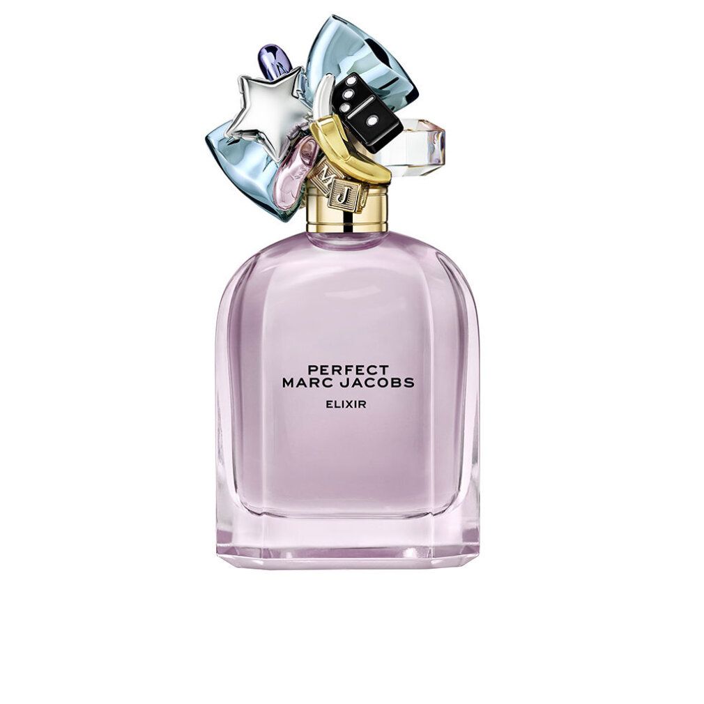 Flacone di profumo rosa. Scritta: PERFECT MARC JACOBS ELIXIR. Tappo decorativo con stelle e dadi.