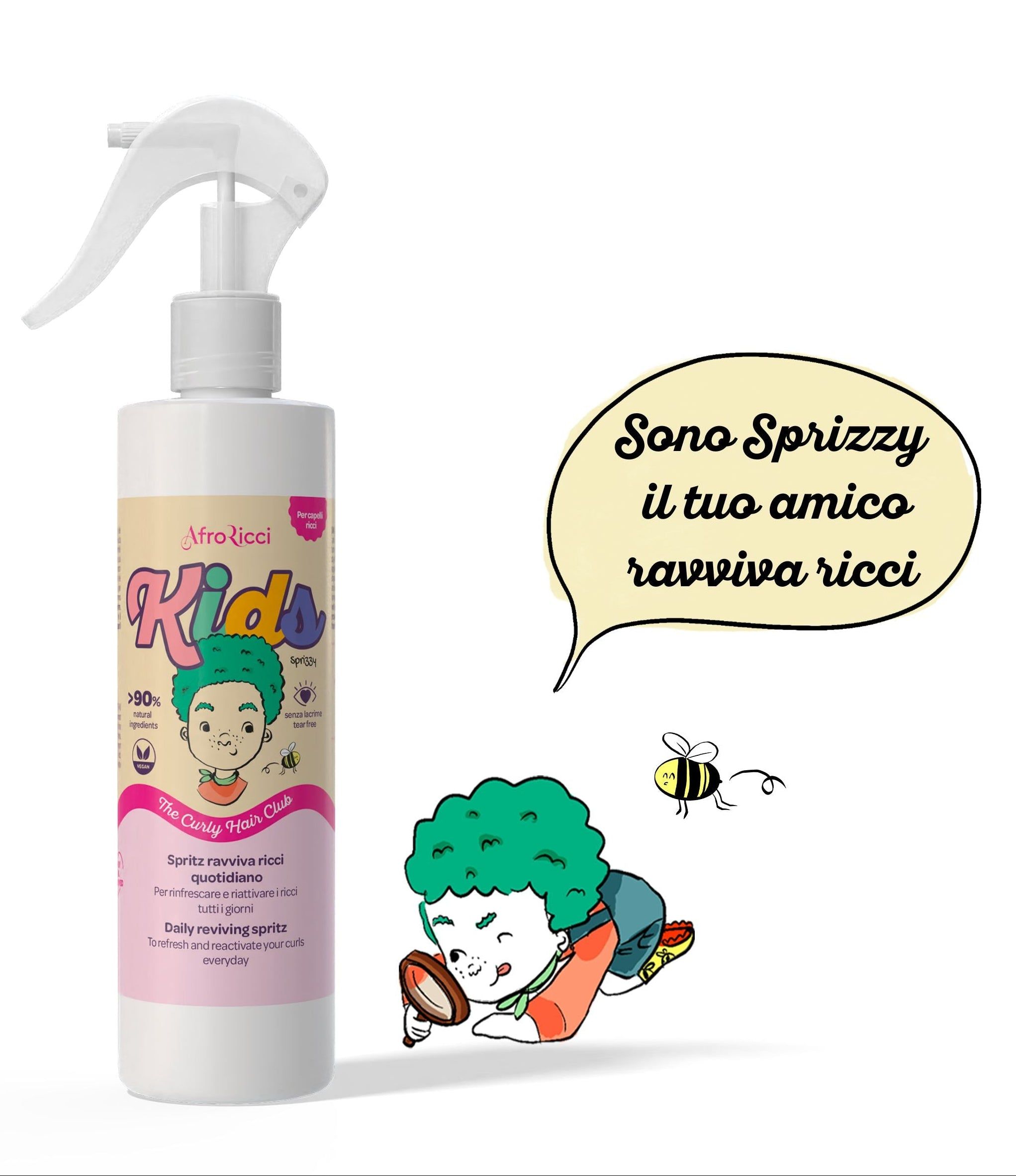 Flacone spray bianco con testo AfroRicci Kids. Illustrazione bambino con ricci. Testo: Spritz Ravviva Ricci Quotidiano. Fumetto.