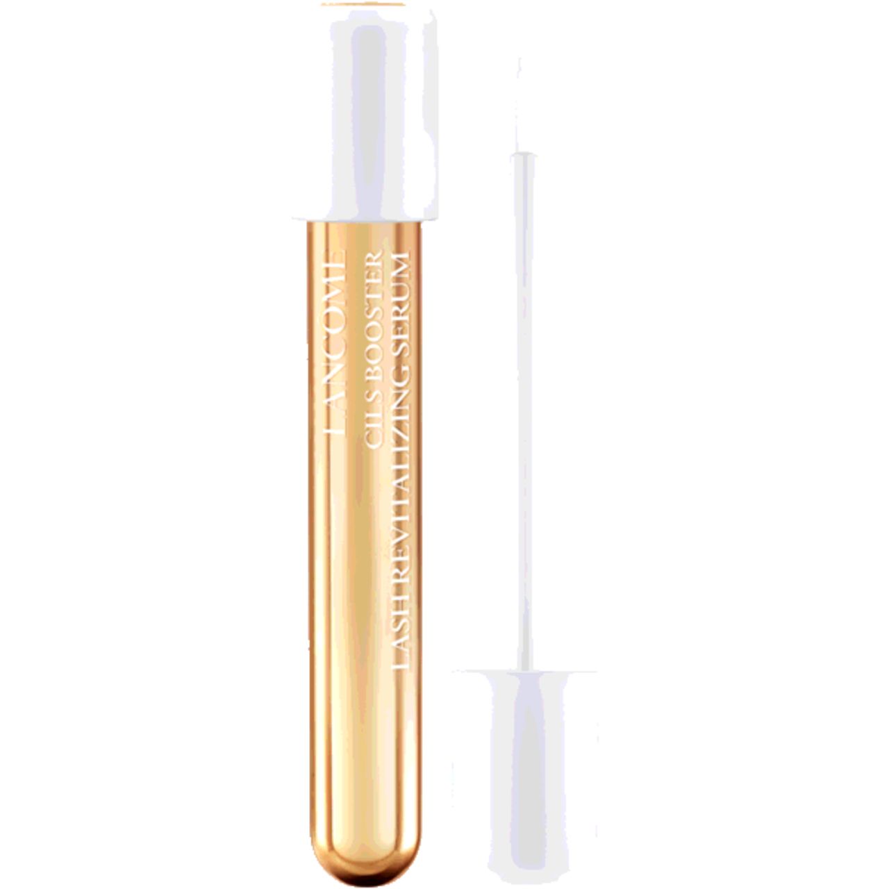 Flacone di siero dorato con tappo e applicatore bianchi. Scritta: Lancôme, Cils Booster Lash Revitalizing Serum.