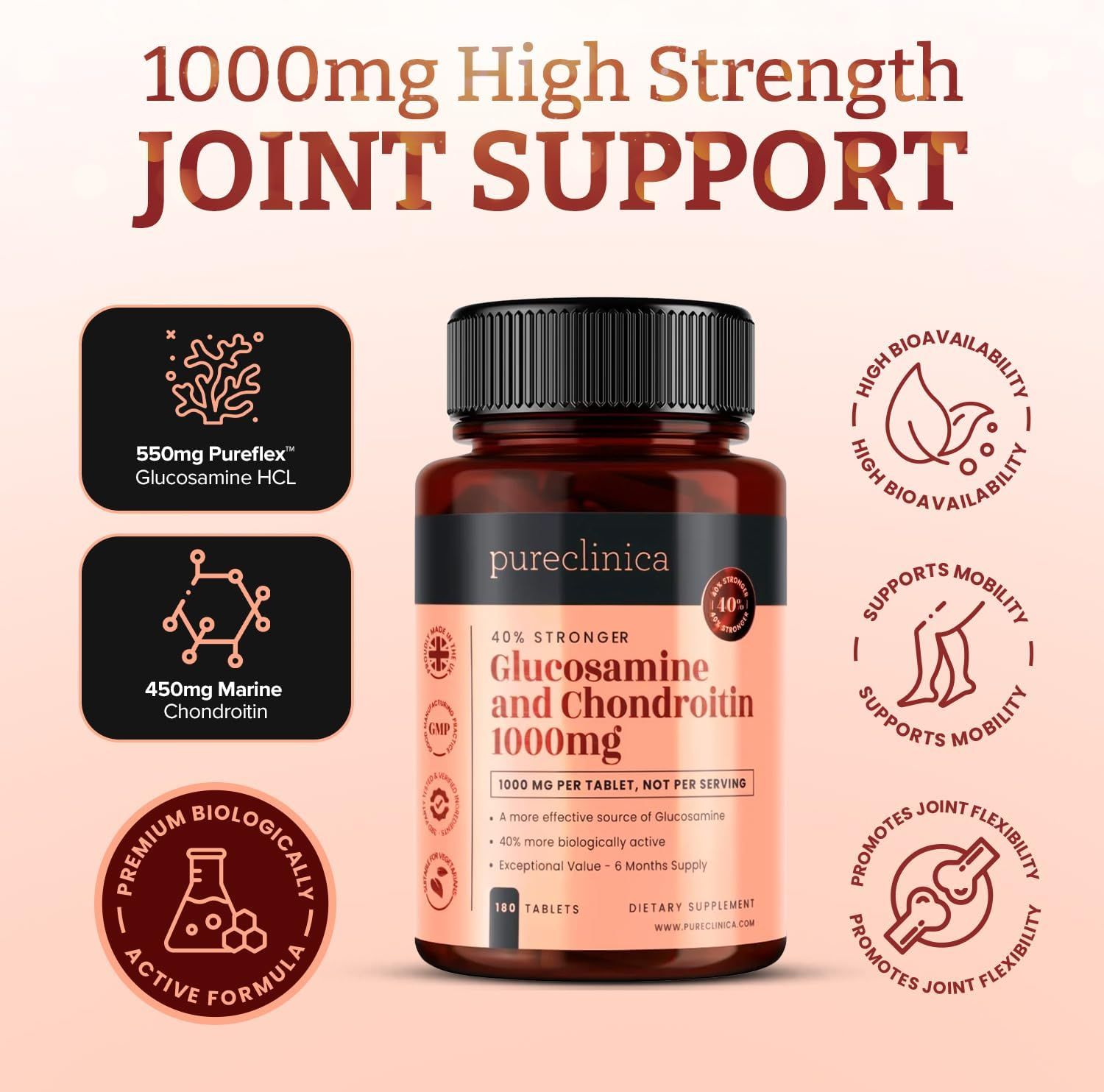 Flacone marrone di compresse. Scritta: Glucosamina e Condroitina 1000mg. Loghi e informazioni aggiuntive.