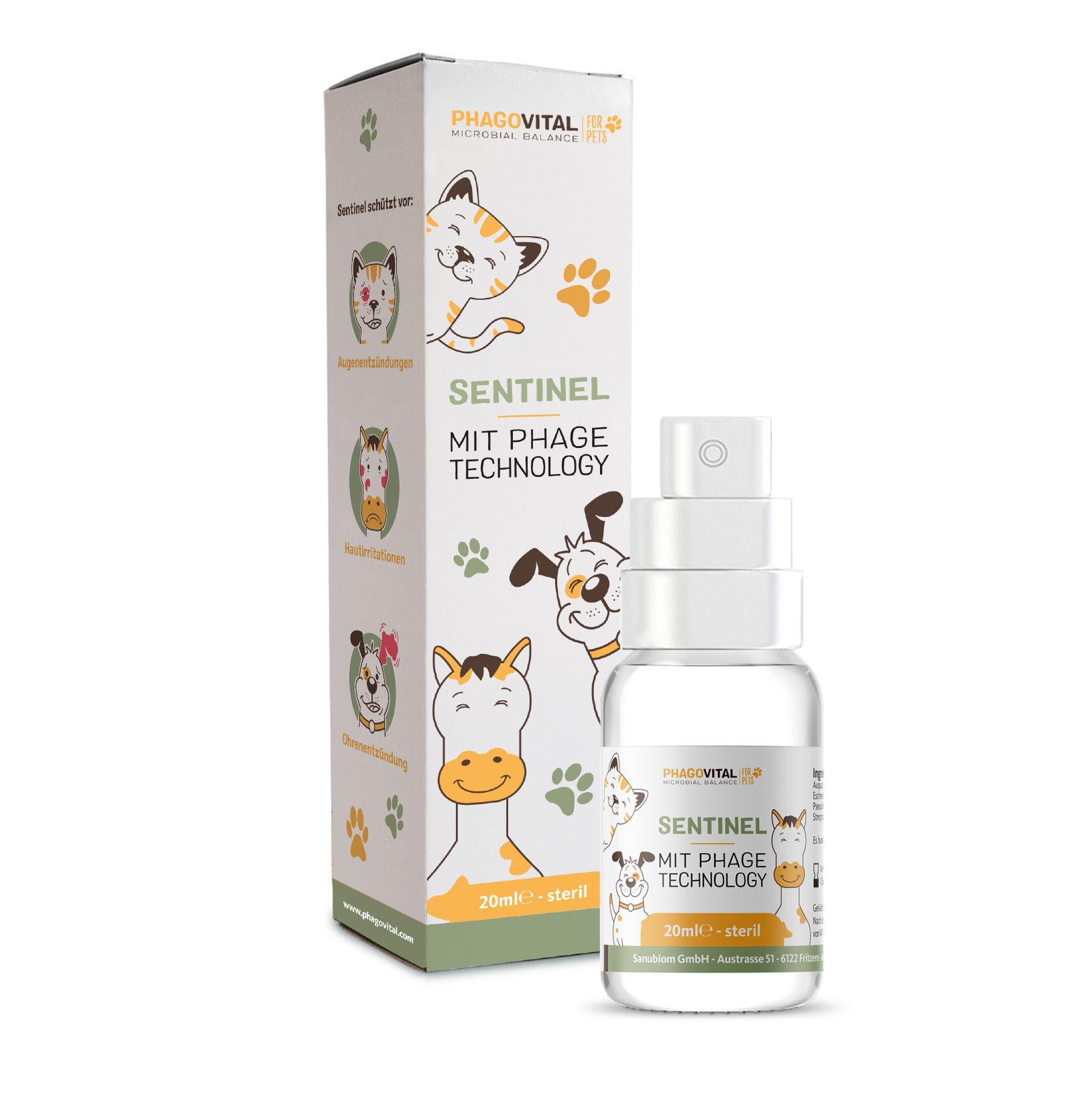 Confezione del prodotto e flacone spray. Confezione con illustrazioni di animali, scritta: Sentinel, MIT PHAGE TECHNOLOGY, 20ml - sterile. Flacone identico.