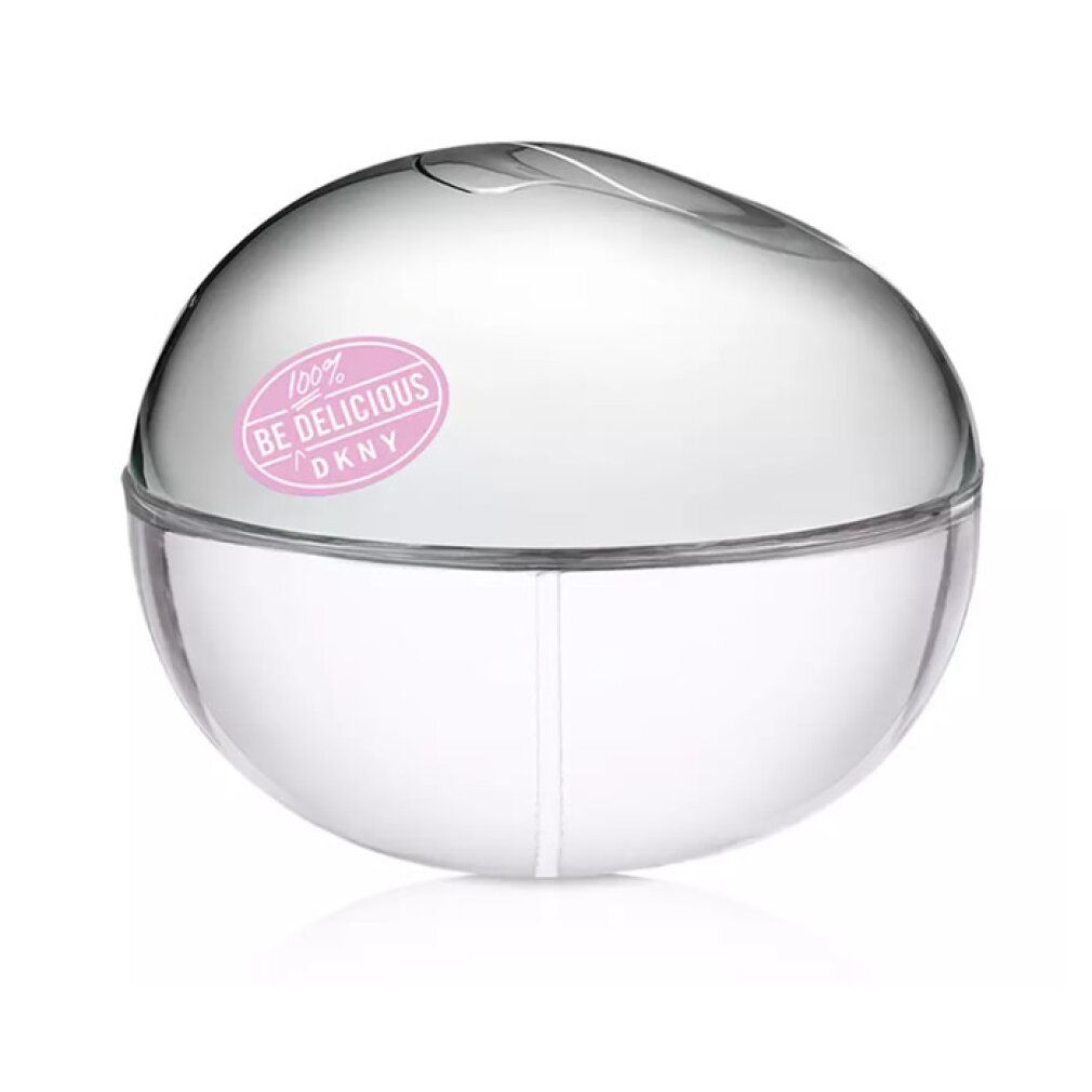 Flacone rotondo trasparente con tappo argentato. Adesivo rosa con testo: Be Delicious DKNY.