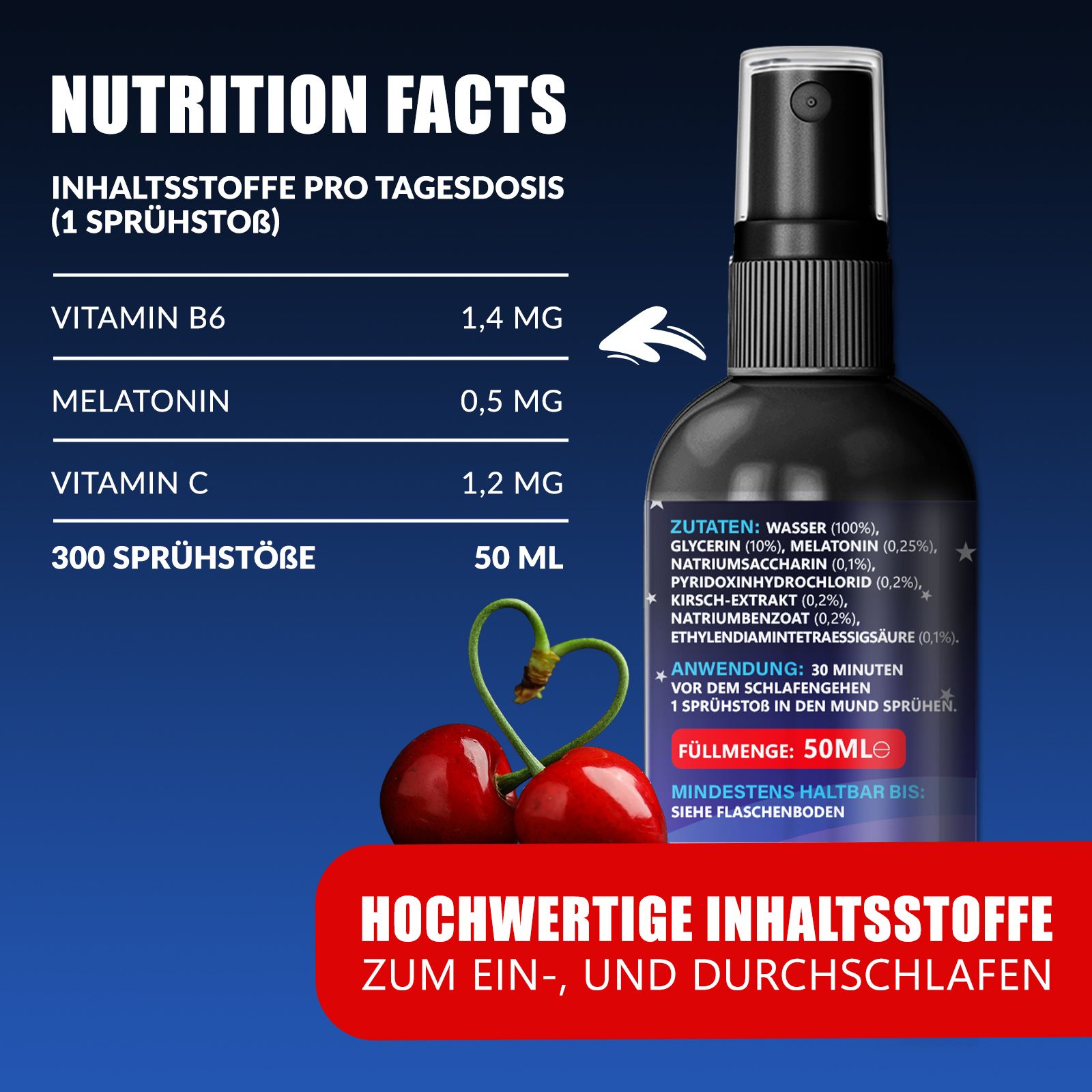 Infografica. Informazioni nutrizionali per dose giornaliera. Contiene vitamina B6, C e melatonina. Flacone da 50 ml. Ciliegie.