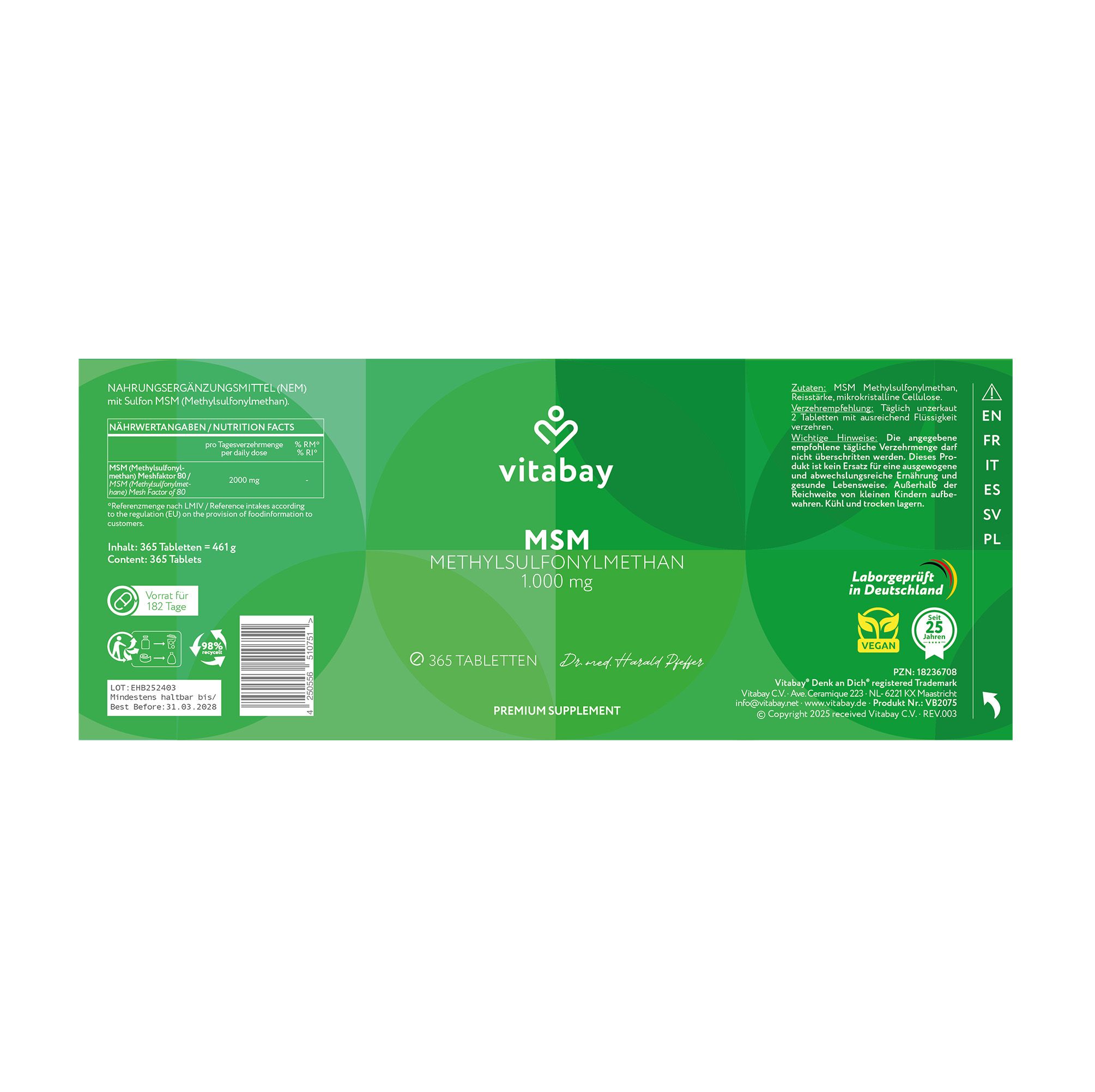 Confezione verde con testo. Testo: MSM 1.000 mg. 365 compresse. Integratore premium. Certificazioni.