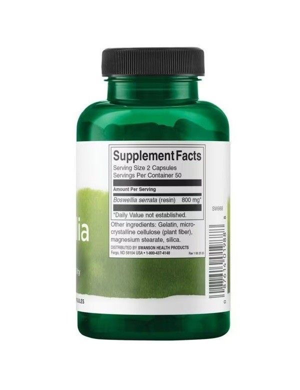 Retro del flacone verde di capsule SWANSON Boswellia. Etichetta con informazioni nutrizionali e ingredienti.