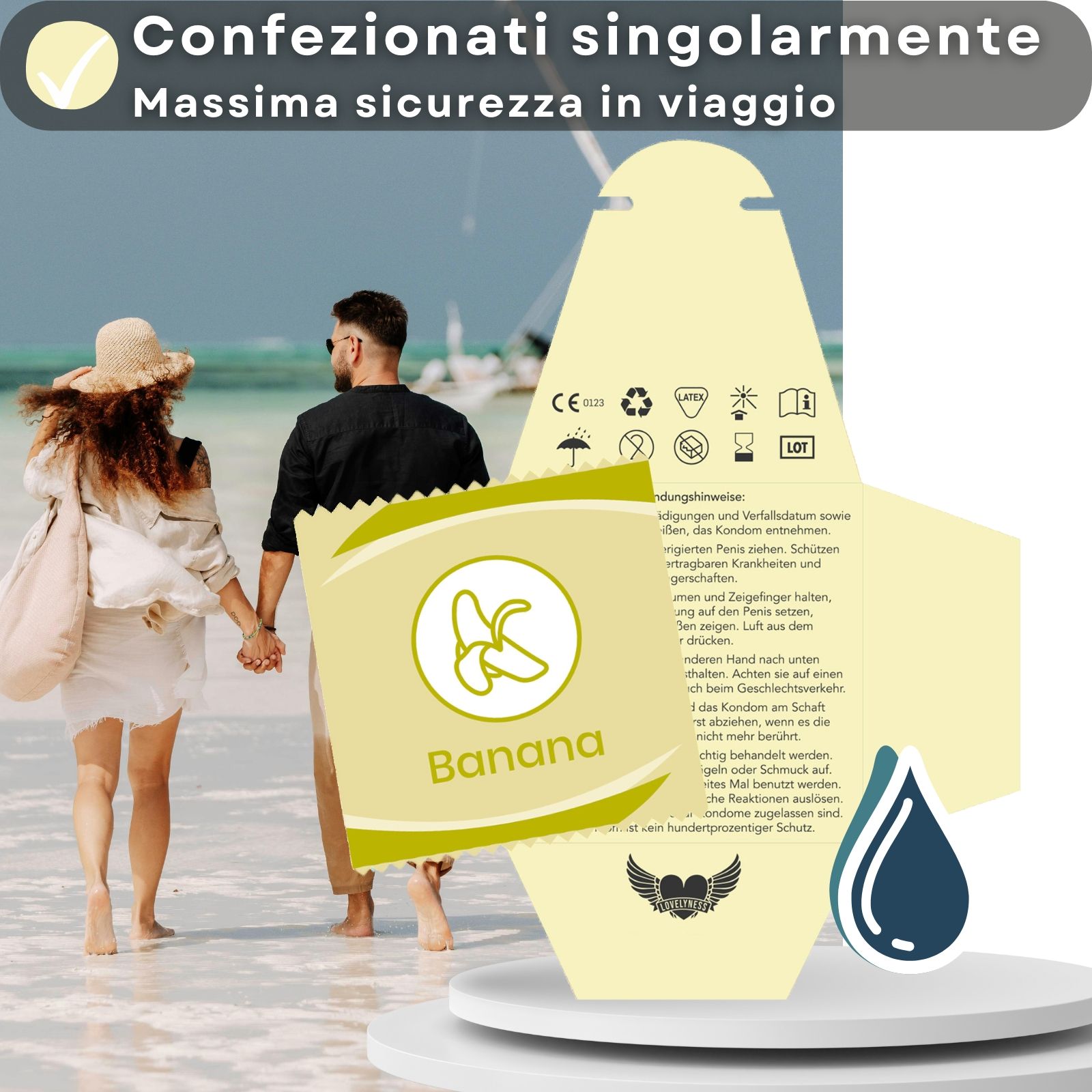 Preservativo, lunghezza 190mm, larghezza nominale 52mm, gusto banana.