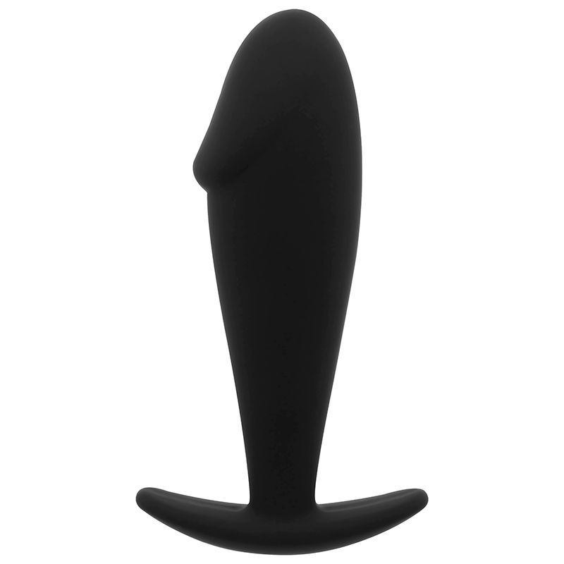 Tappo anale in silicone nero con base larga, visto frontalmente.