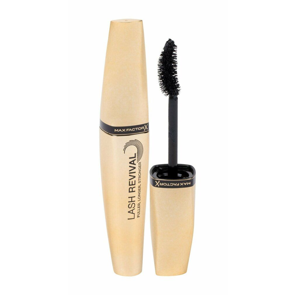 Tubo mascara dorato con tappo nero e spazzola. Scritta: LASH REVIVAL, FULLER LONGER STRONGER. Marchio: MAX FACTOR.