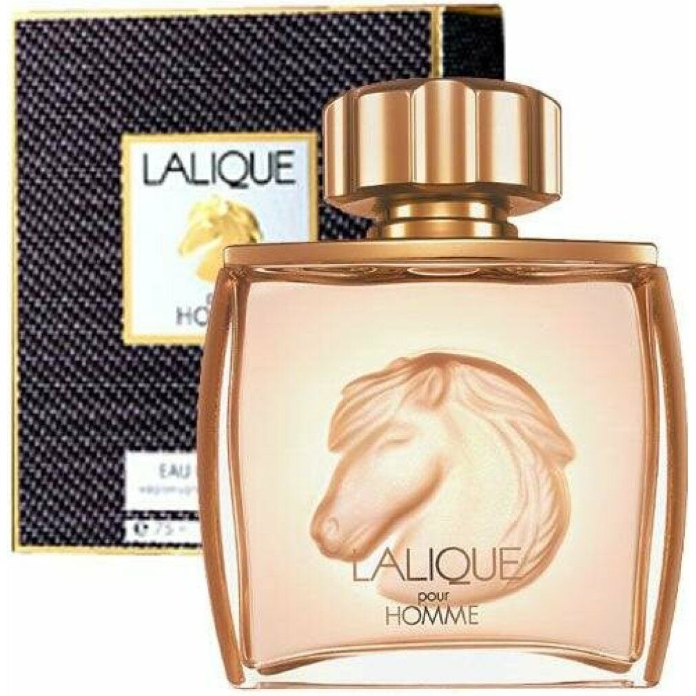 Flacone in vetro e confezione. Flacone con rilievo di testa di cavallo. Confezione con logo e scritta "LALIQUE pour HOMME".