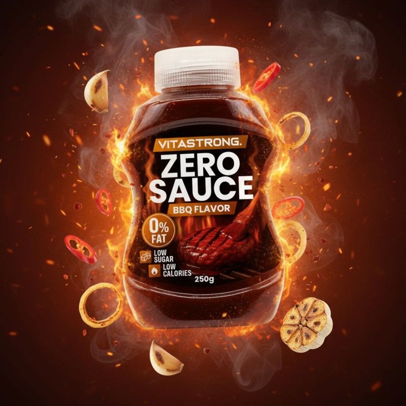 Bottiglia marrone con tappo bianco. Scritta: Vitastrong Zero Sauce BBQ Flavor. 0% grassi, basso contenuto di zuccheri, basse calorie. 250g. Circondata da fiamme e ingredienti.