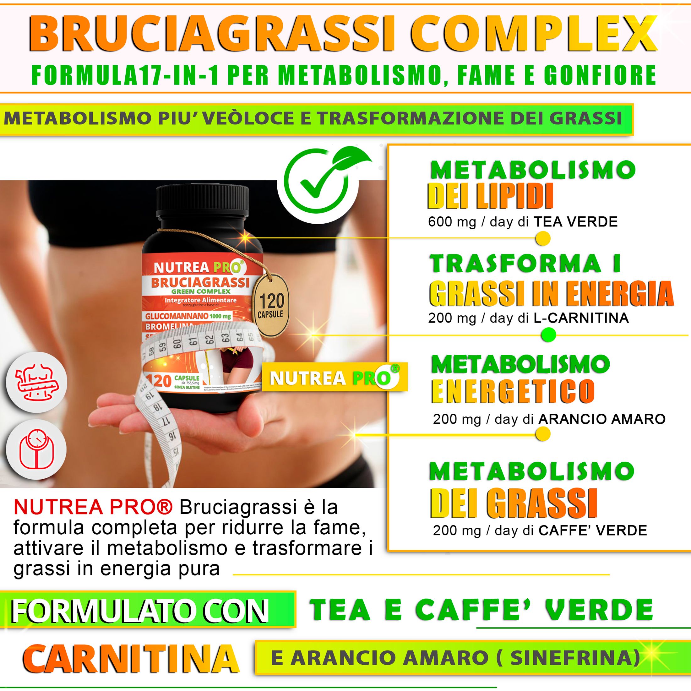 Nutrea Pro Bruciagrassi Complex: formula 17-in-1 per metabolismo e trasformazione dei grassi.