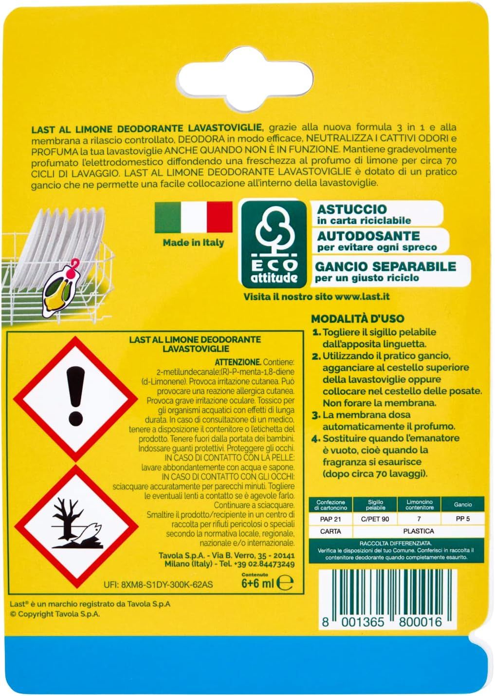 Retro confezione prodotto con testo e pittogrammi. Contiene informazioni sugli ingredienti e le istruzioni per l'uso.