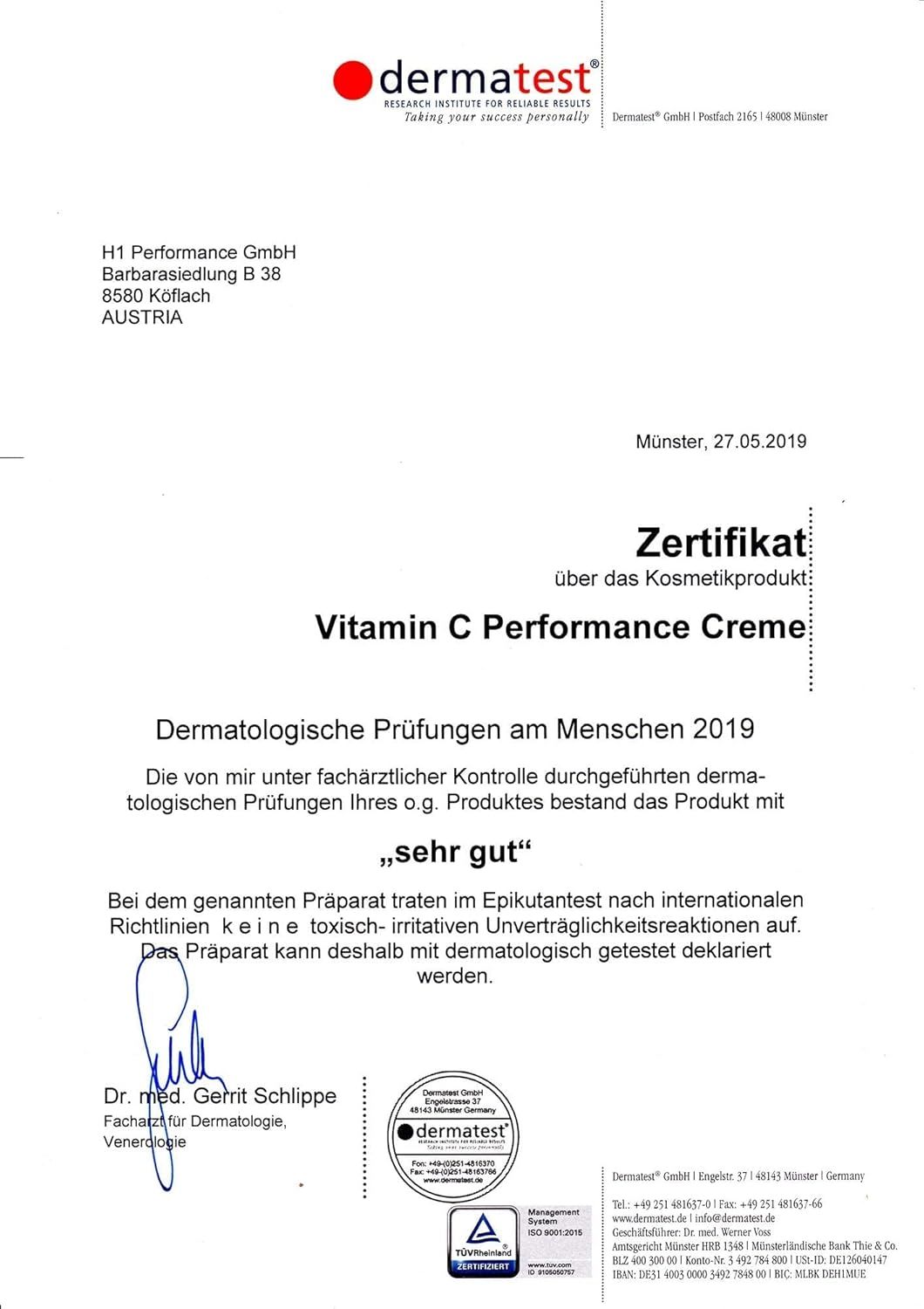 Certificato di test dermatologico per Crema Cosphera Vitamina C con valutazione "molto buono".