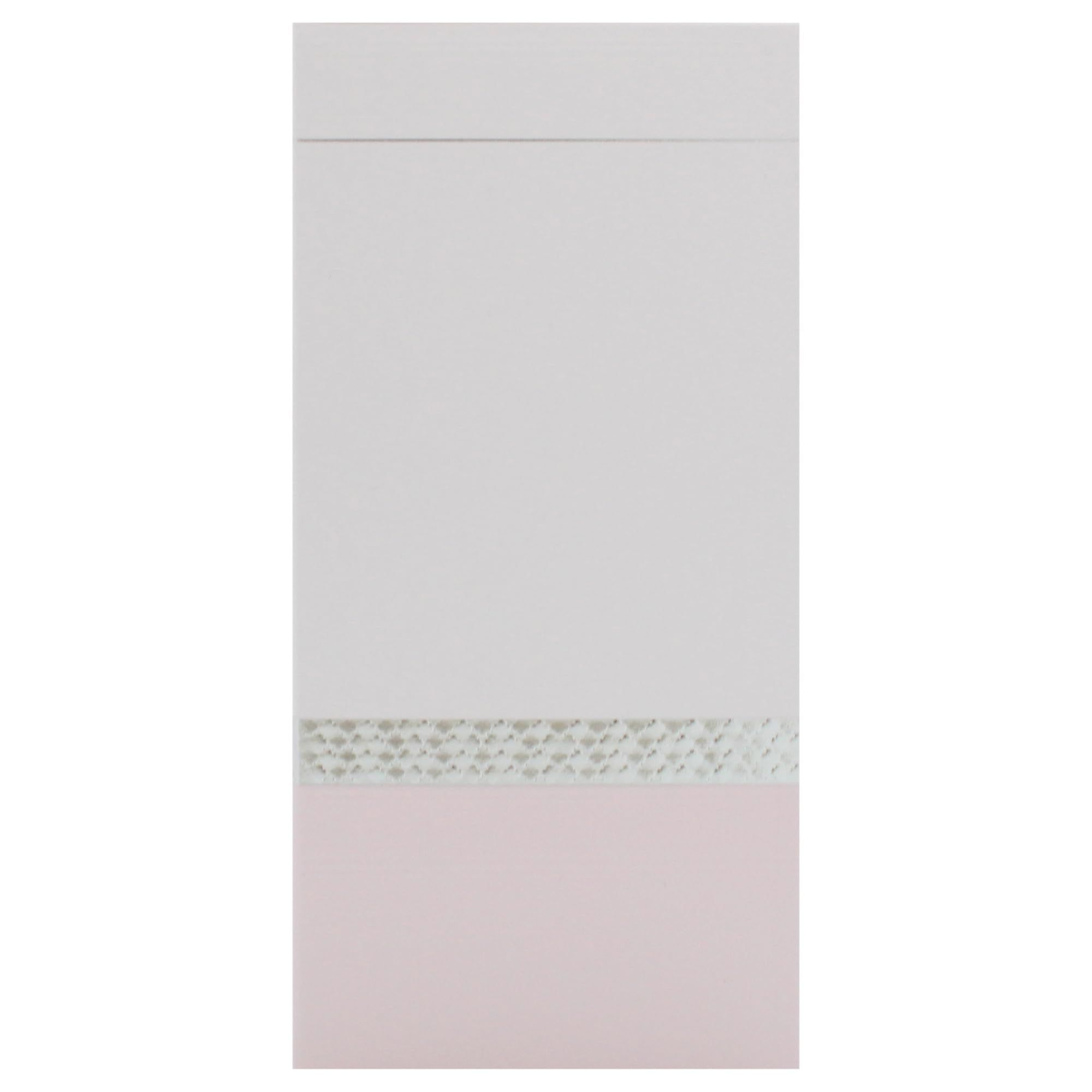 Confezione rettangolare bianca con una striscia rosa in basso e un nastro decorativo al centro. La parte superiore è bianca.