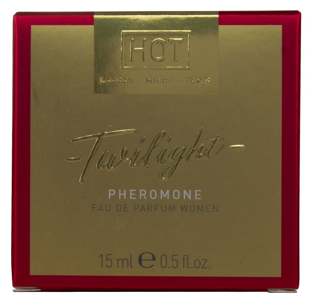 Confezione di profumo dorata con cornice rossa. Scritta: HOT, Twilight Pheromone, Eau de Parfum Women. 15ml.