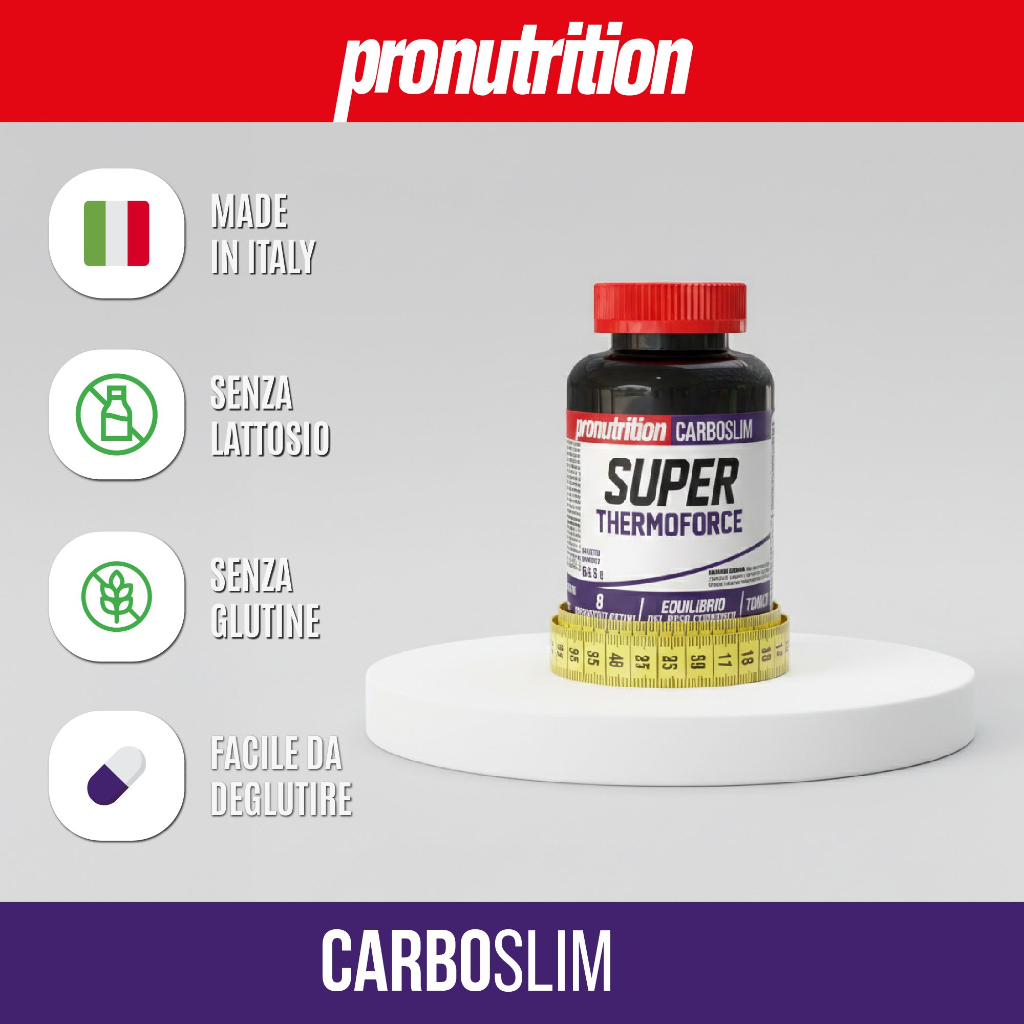 Flacone nero con tappo rosso. Scritta: Super Thermo Force. Con metro a nastro.