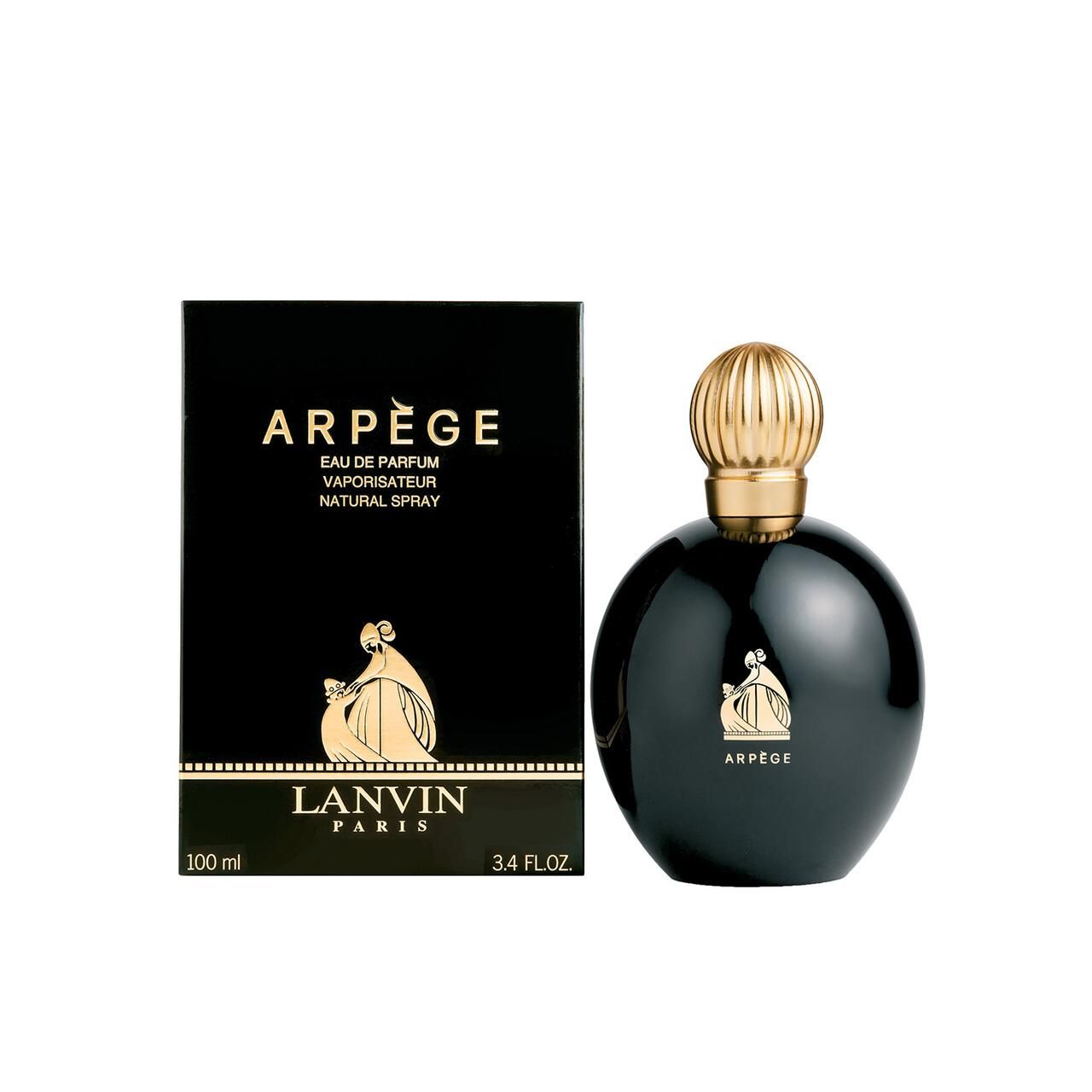 Flacone e scatola neri di Arpège Eau de Parfum Spray. Scritta e decorazioni dorate. 100 ml.