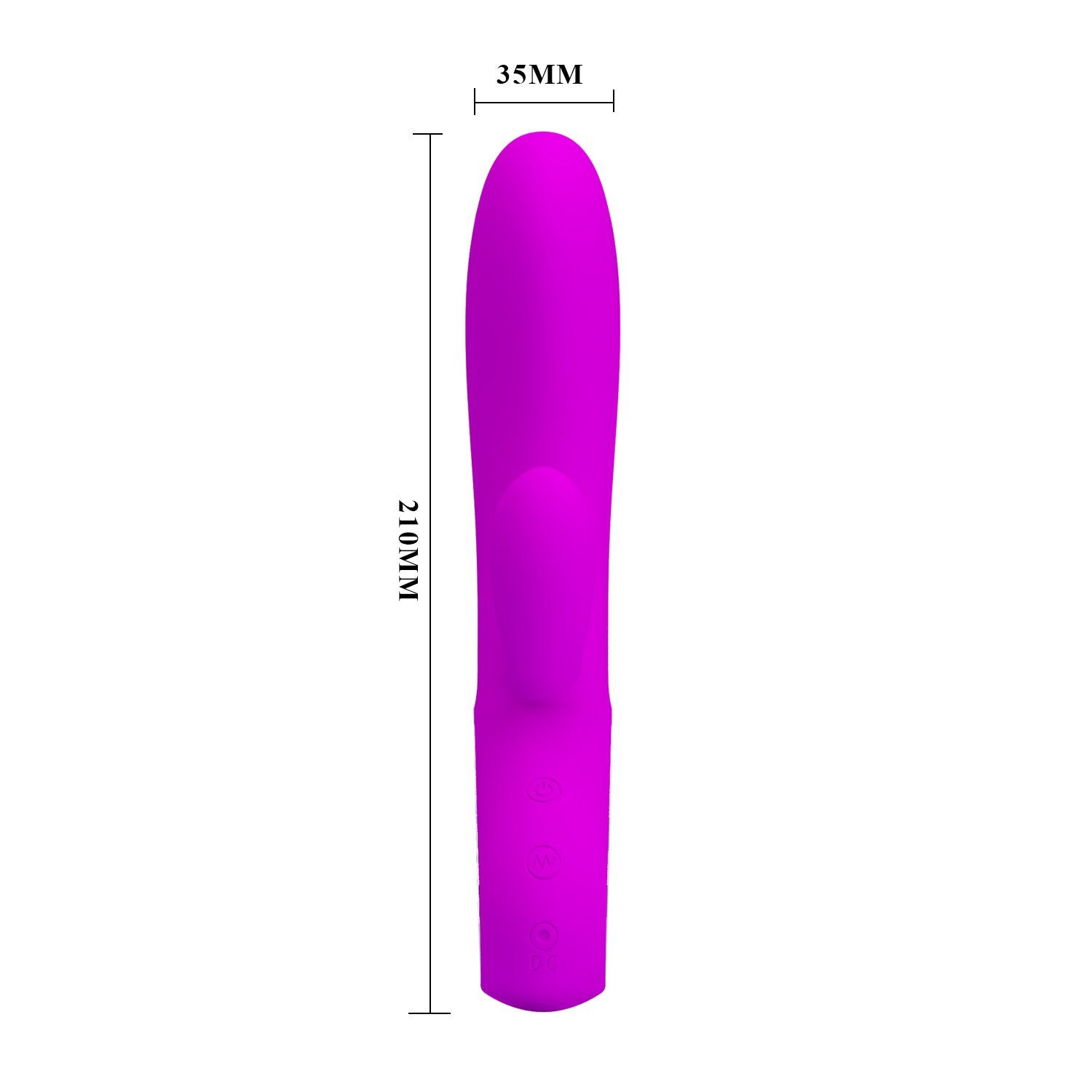 Vibratore viola cilindrico. Dimensioni: 210mm lungo, 35mm largo. Sfondo bianco.