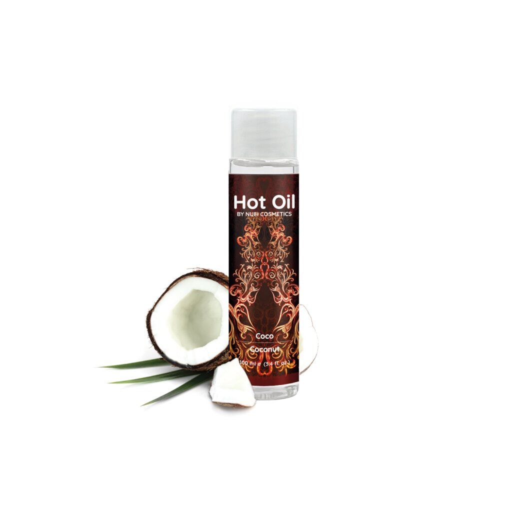 Flacone con tappo bianco, cocco e foglie. Scritta "Hot Oil" e "Coco Coconut".
