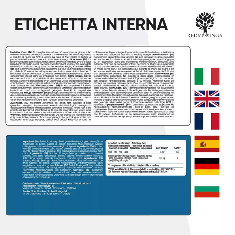 Etichetta con testo multilingue. Testo: Ingredienti, informazioni nutrizionali. Bandiere: Italia, Regno Unito, Francia, Spagna, Germania, Bulgaria.